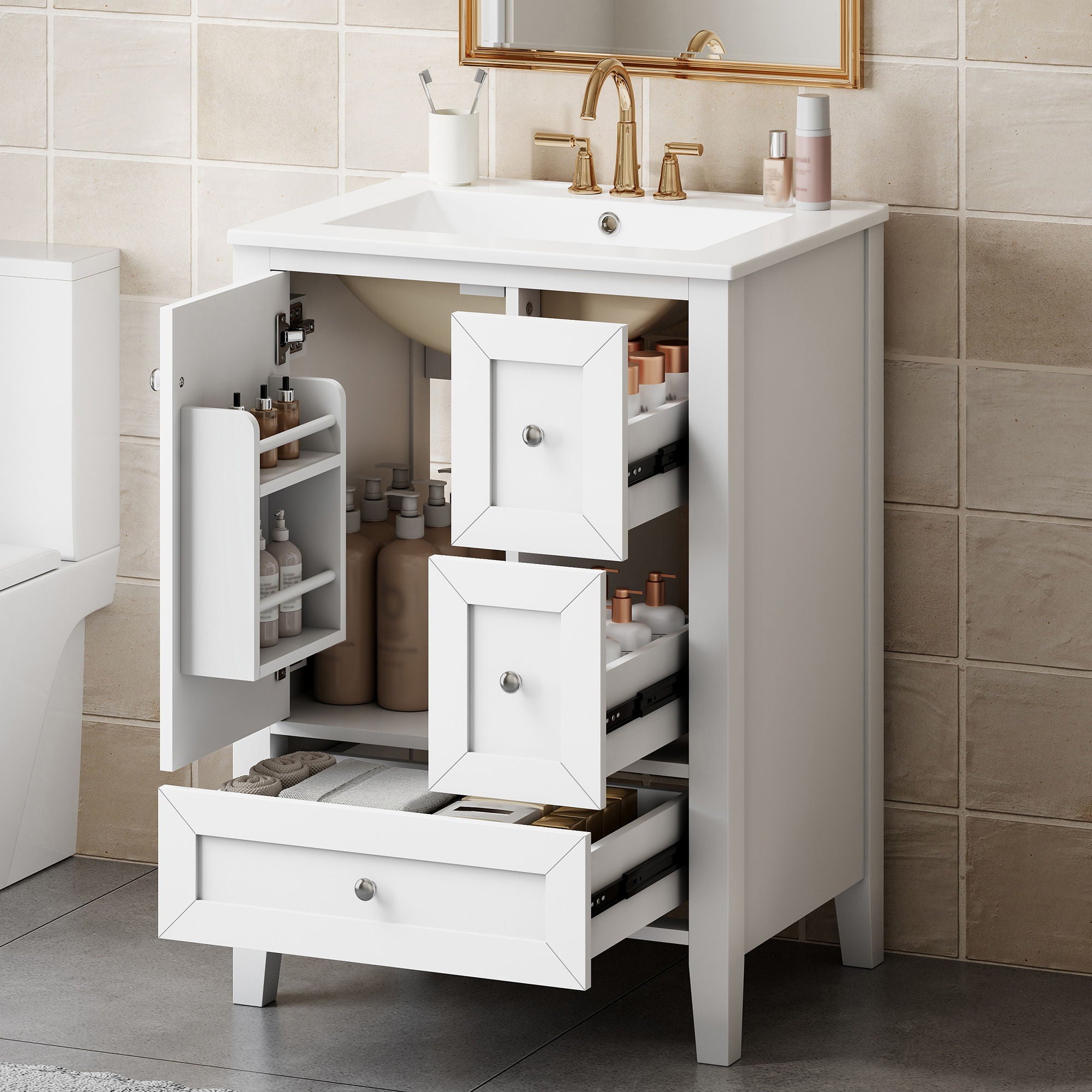 Modern Bathroom Vanity With Sink, Freestanding Cabinet With Drawers And Shelves