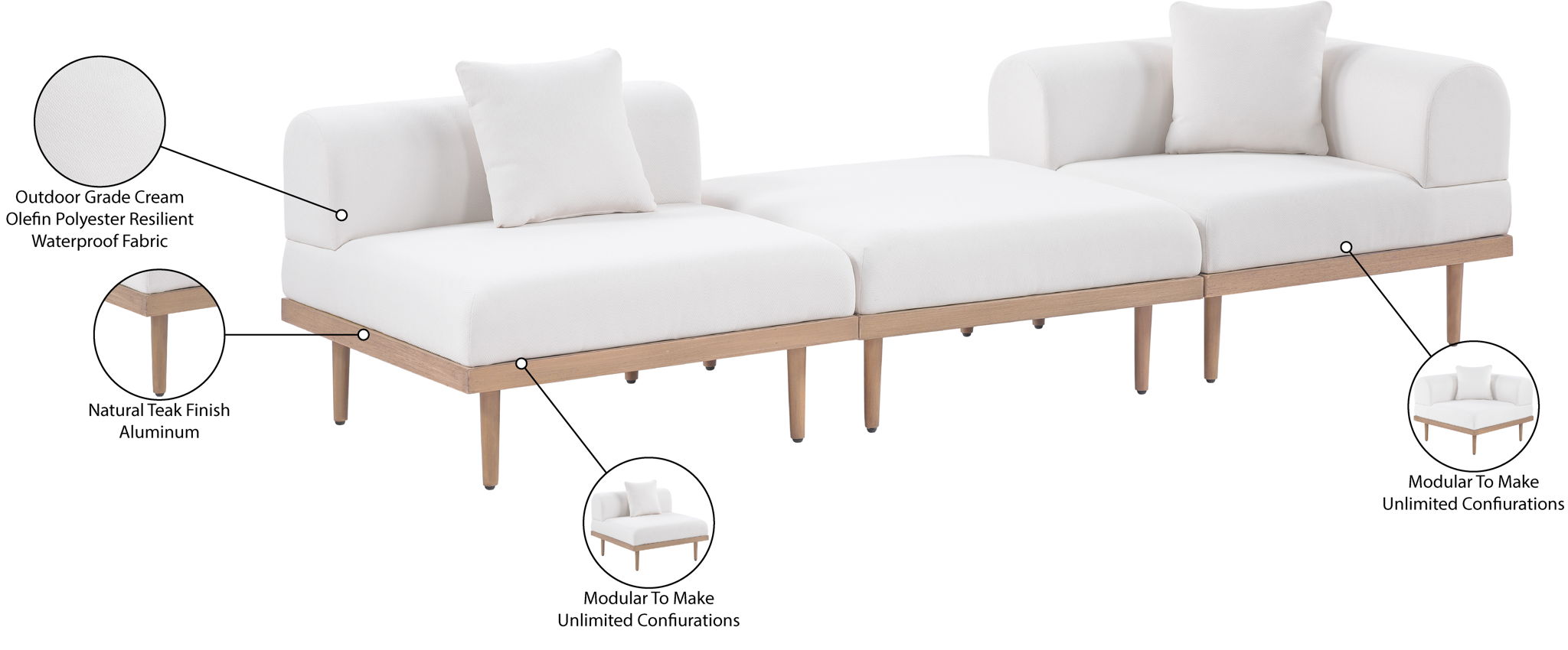 Laguna - 3 Piece Upholstered Outdoor Patio Modular Sofa With Backless Seat And 1 Arm
