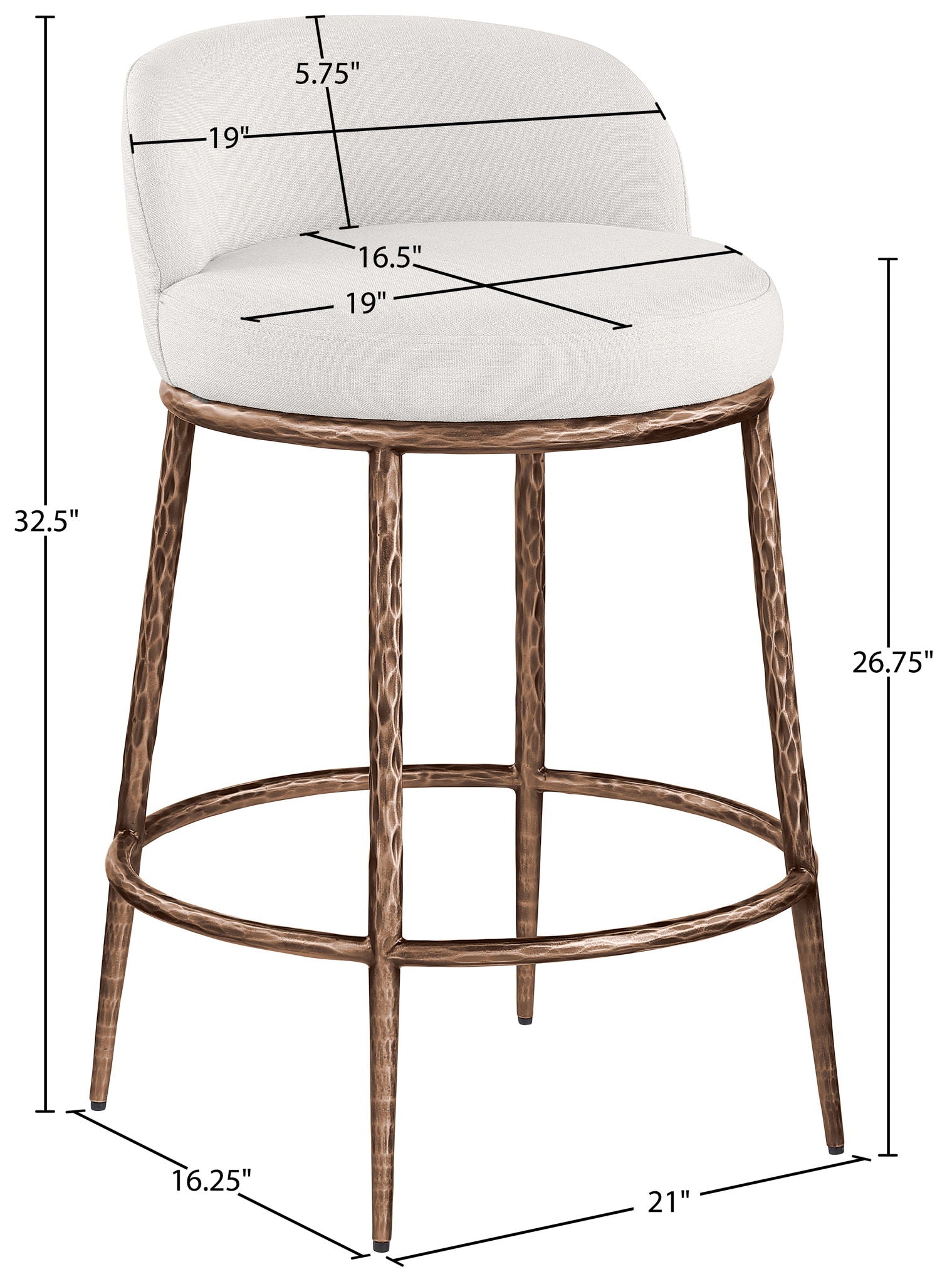 Ferro - Linen Textured Performance Fabric Upholstered Counter Stool - Cream / Brushed Bronze