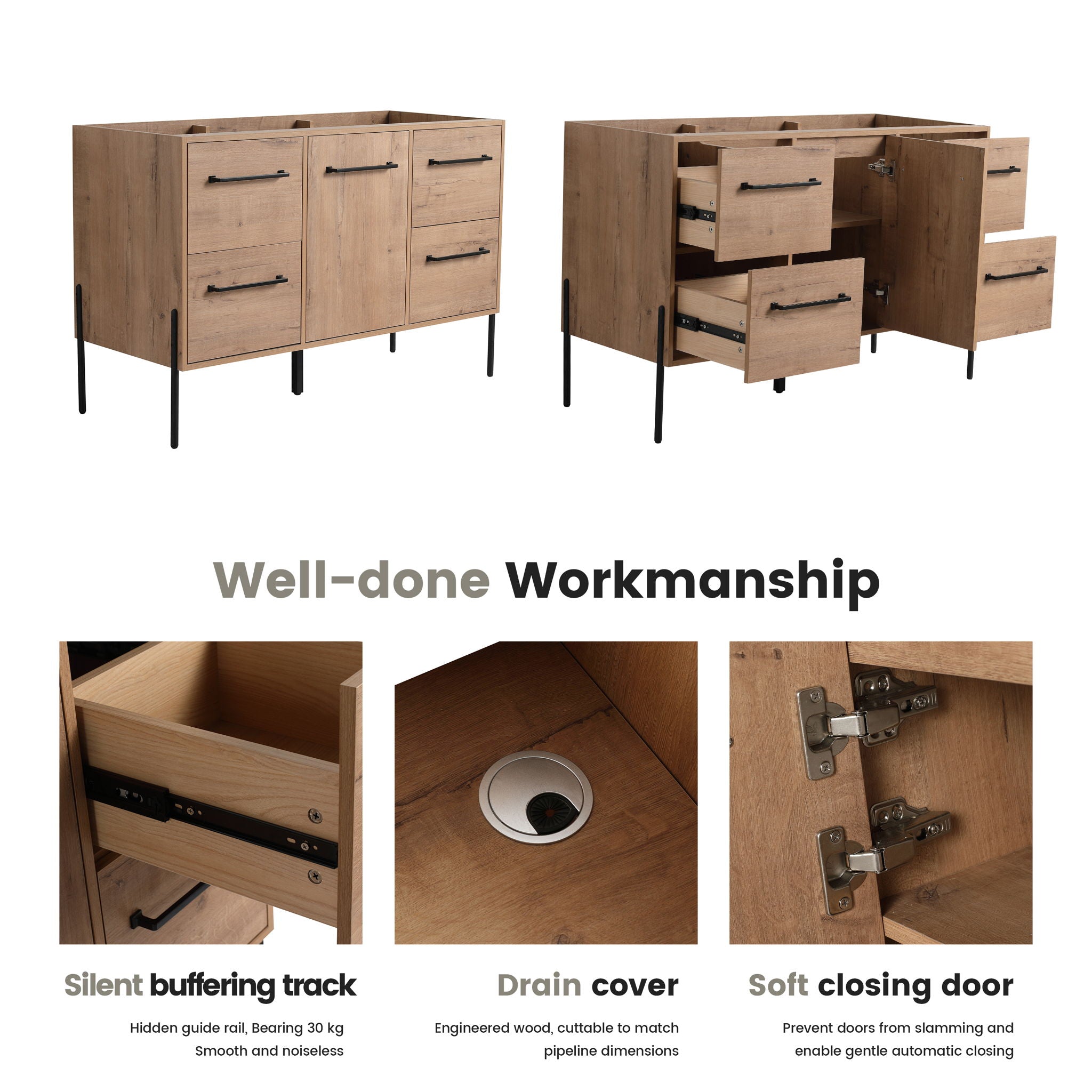 46" Freestanding Bathroom Vanity With Soft Close Doors And 4 Drawers, (Vanity Only) - Imitative Oak