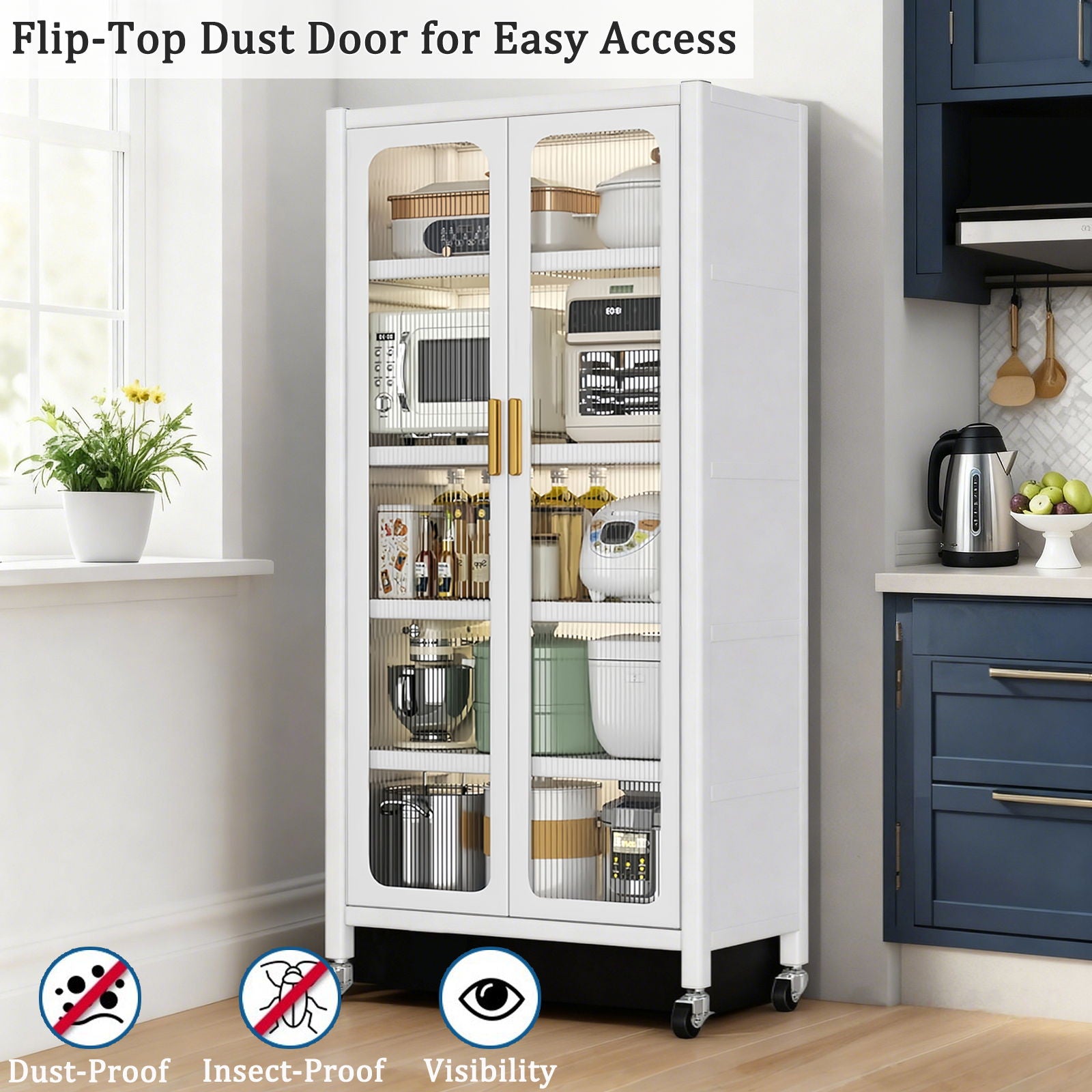 6 Tier Storage Cabinet With Transparent Door, Adjustable Shelves & Wheels