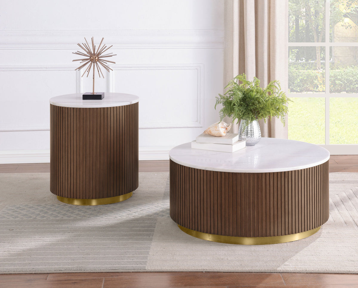 Jason Round White Marble Top Coffee Table Honey Brown