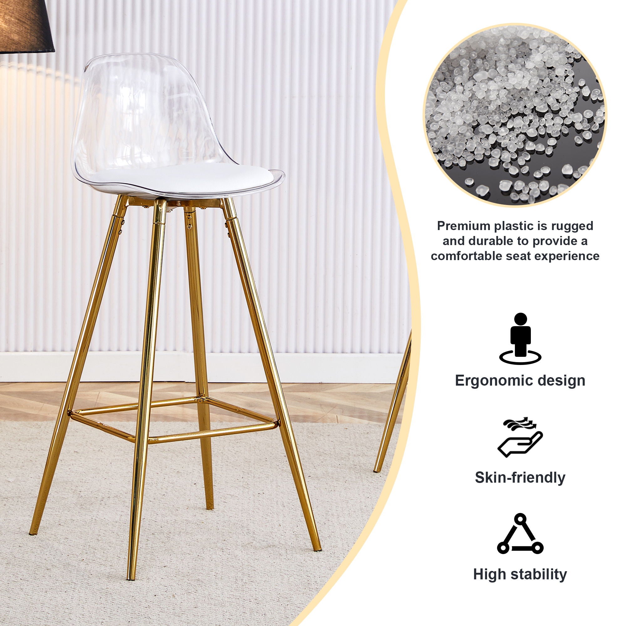 Stylish Upholstered Bar Chairs With Metal Legs For Dining Room Kitchen And Terrace - White / Gold