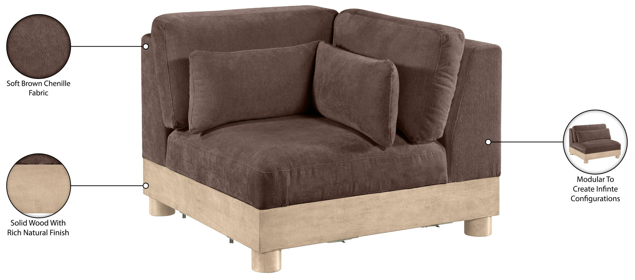 Turin - Chenille Fabric Upholstered Modular Corner Chair - Natural Base