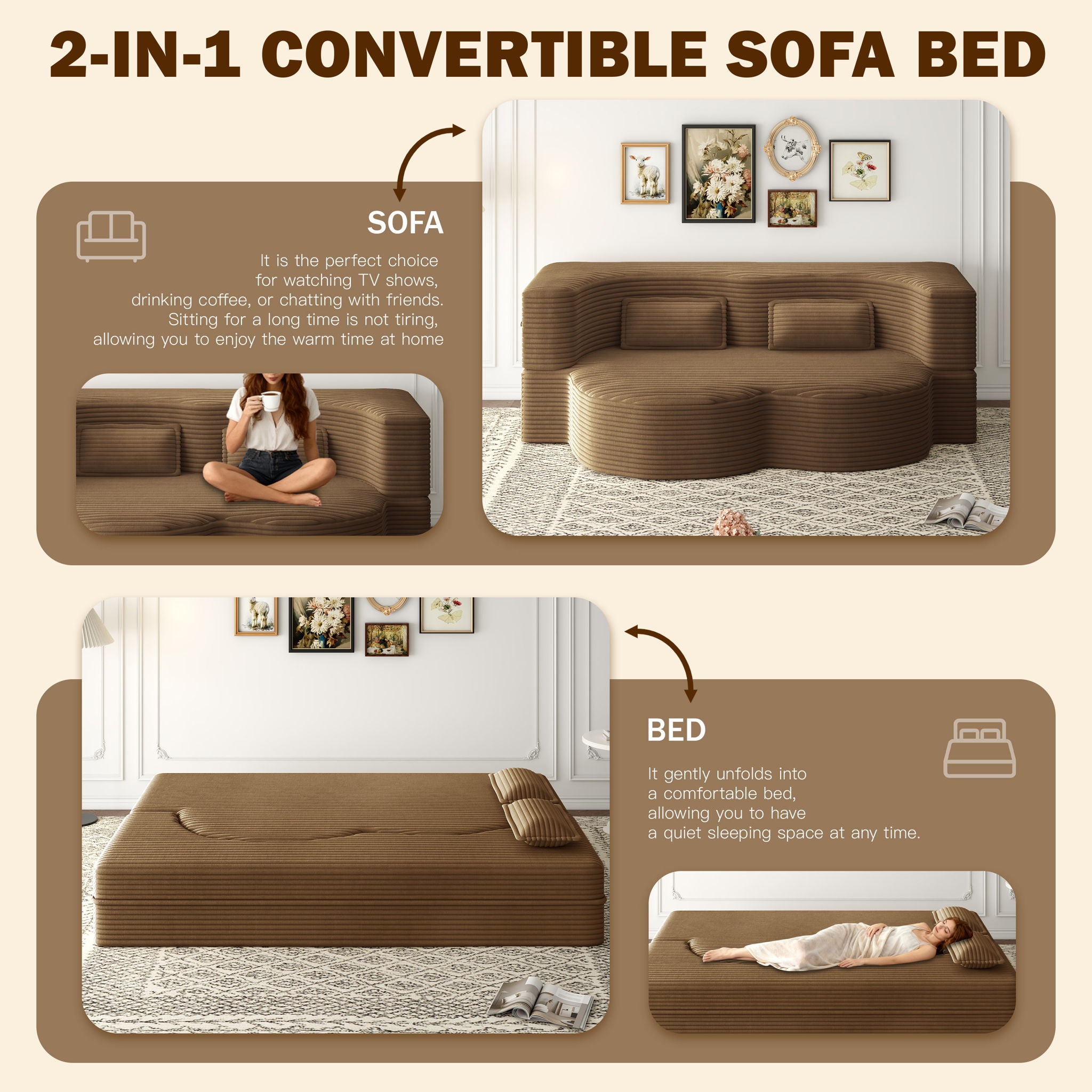 Modern Floor Sofa With 2 Pillows, Convertible Twin Size Folding Mattress For Living Room