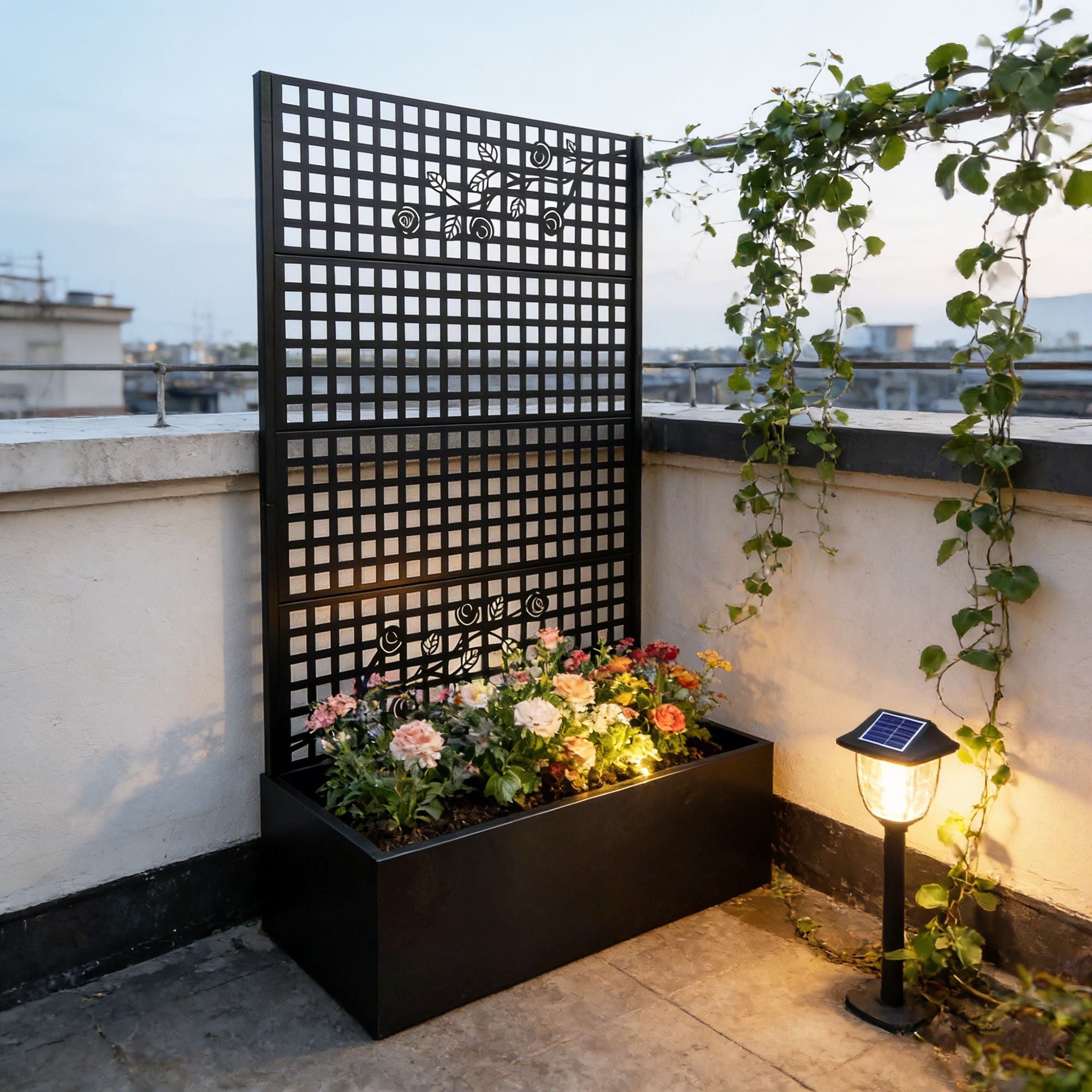 Planter Box With Trellis, Outdoor Raised Garden Bed With Privacy Screen Lattice Panels For Patio - Black