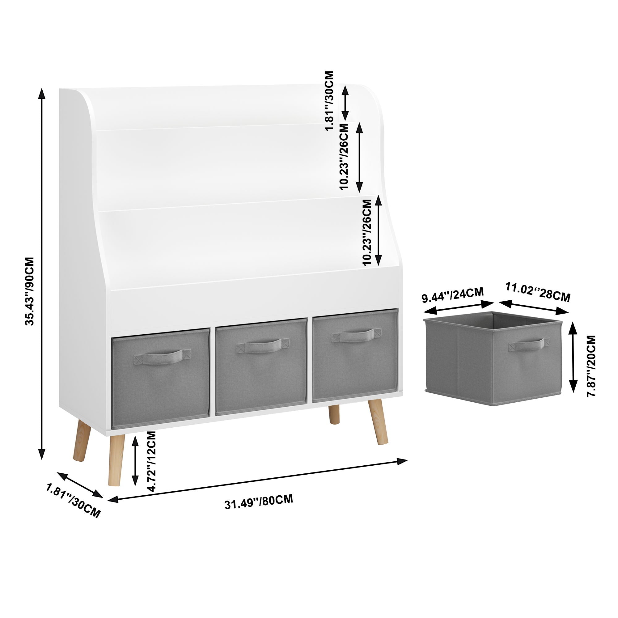 Bookshelf With 3 Bins, Storage Shelf For Toys And Books