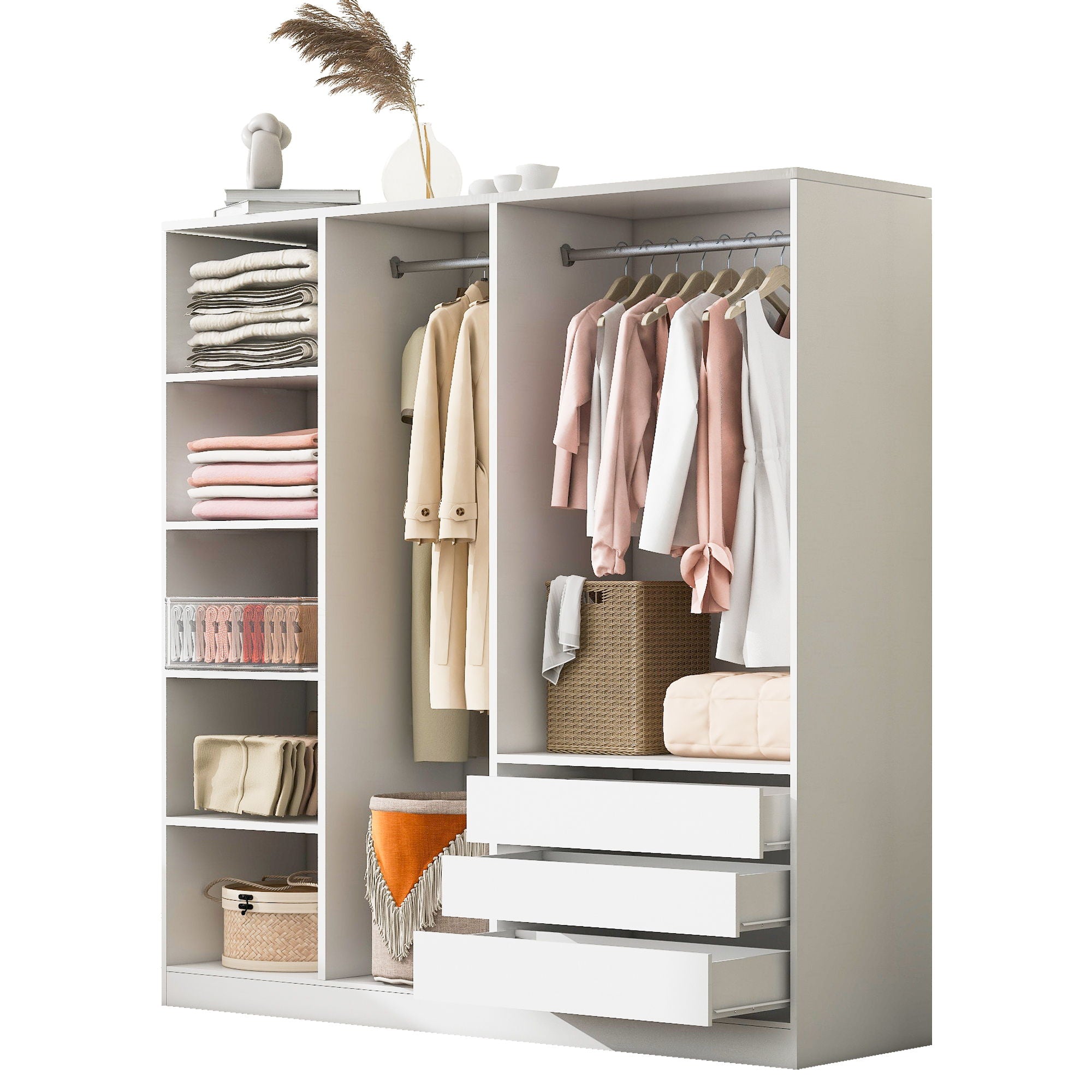 Doorless Storage Wardrobe For Dedroom With Shelves And 3 Drawers - White