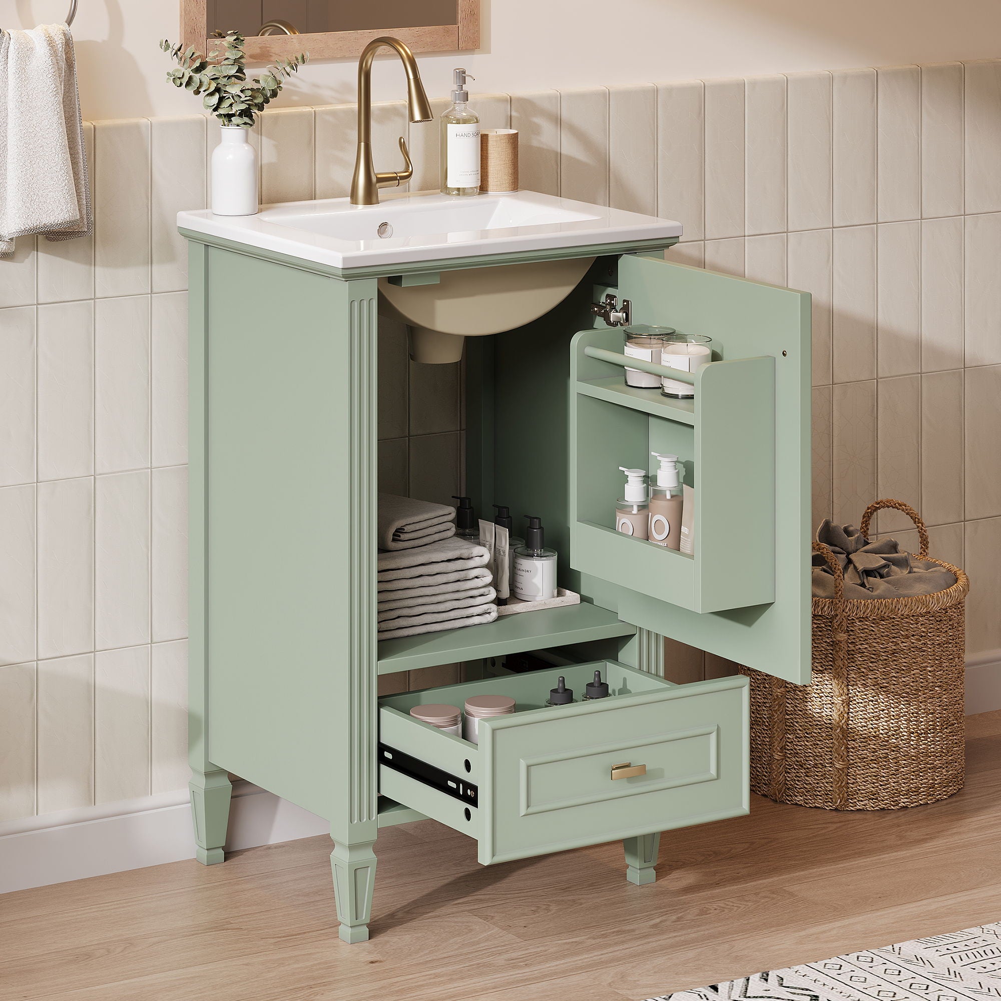 Bathroom Vanity & Sink, Freestanding Storage Cabinet, Soft Close Drawers & Doors - Green