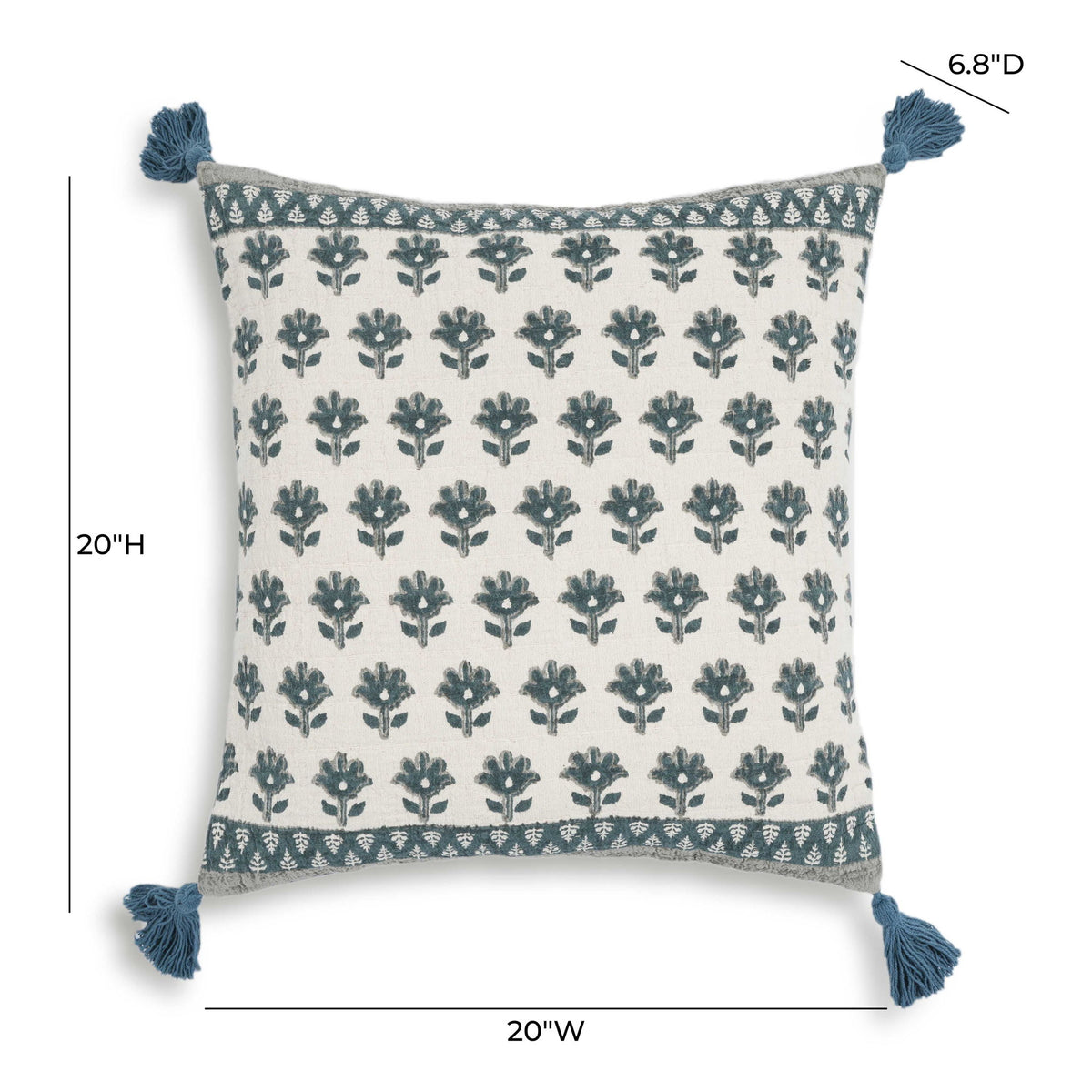 Blossom - 20" Printed Cotton Tassel Accent Cushion - Blue