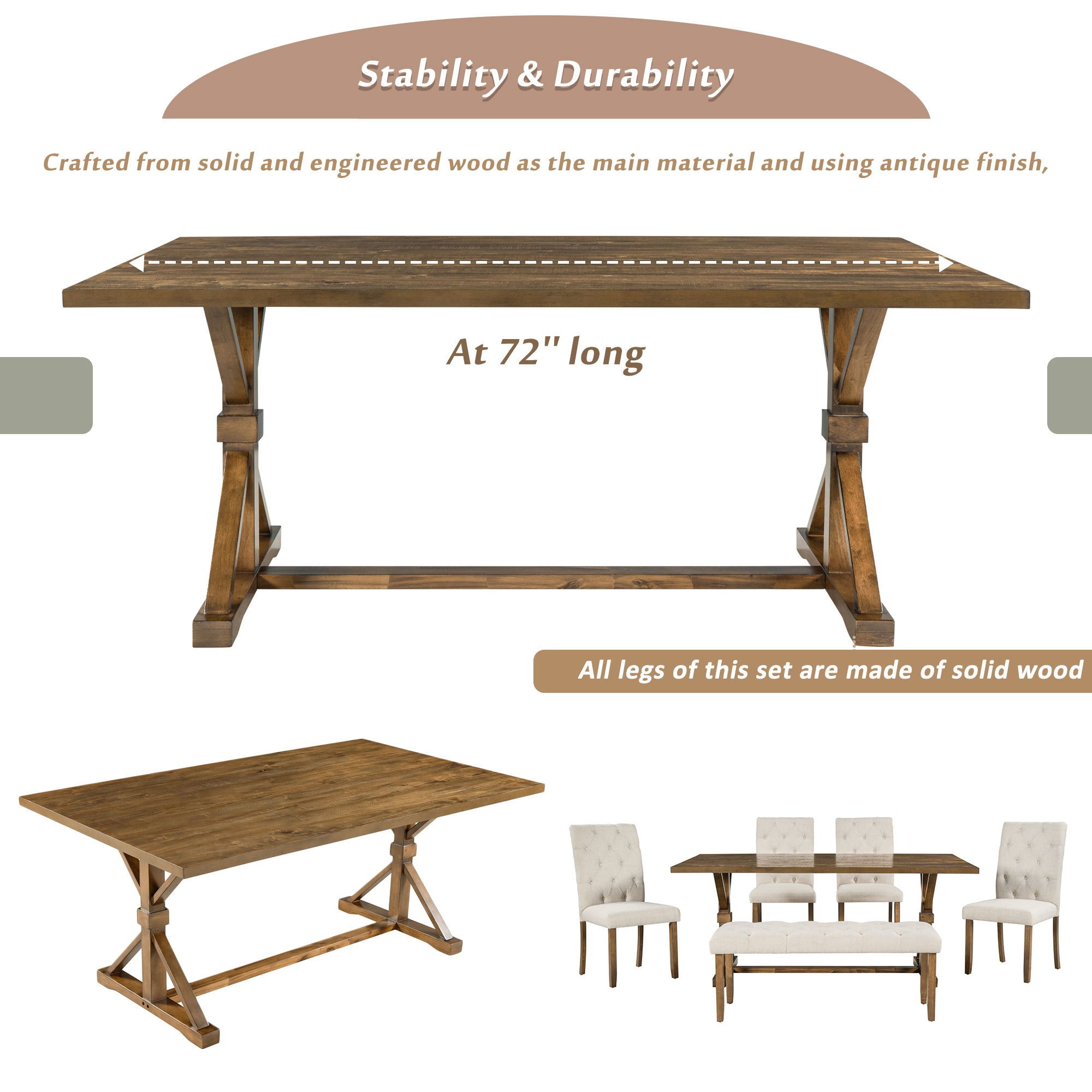 6 Piece Dining Table Set With Rectangular Wood Table, 4 Upholstered Chairs, Bench