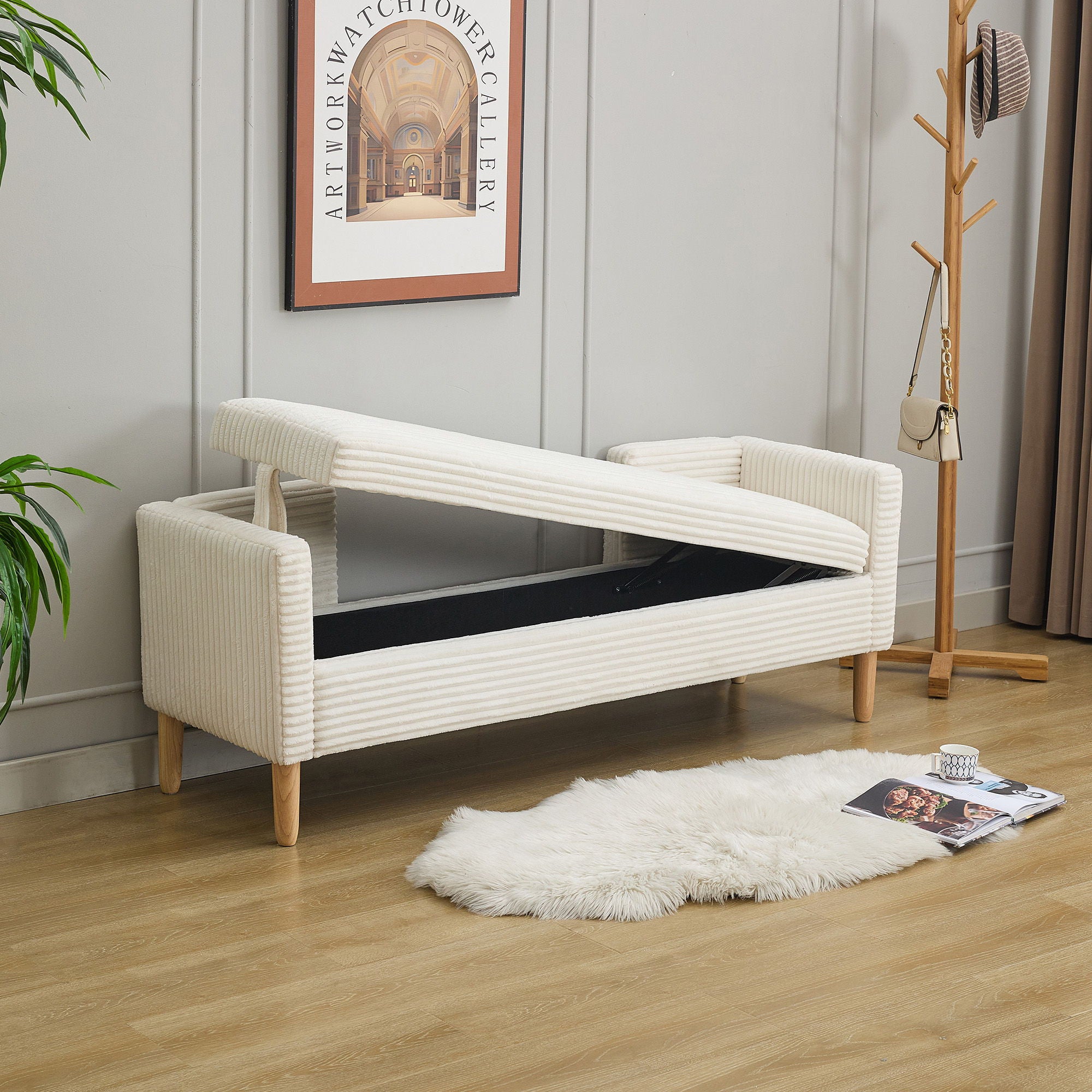 Upholstered Corduroy Flip Top Storage Bench For Living Room