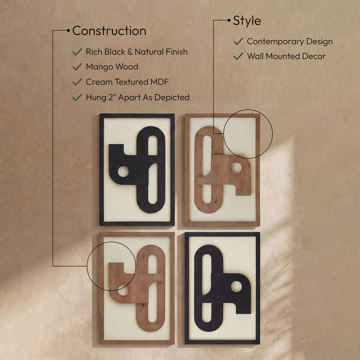 Arid - 4 Piece Two-Color Wall Art - Natural
