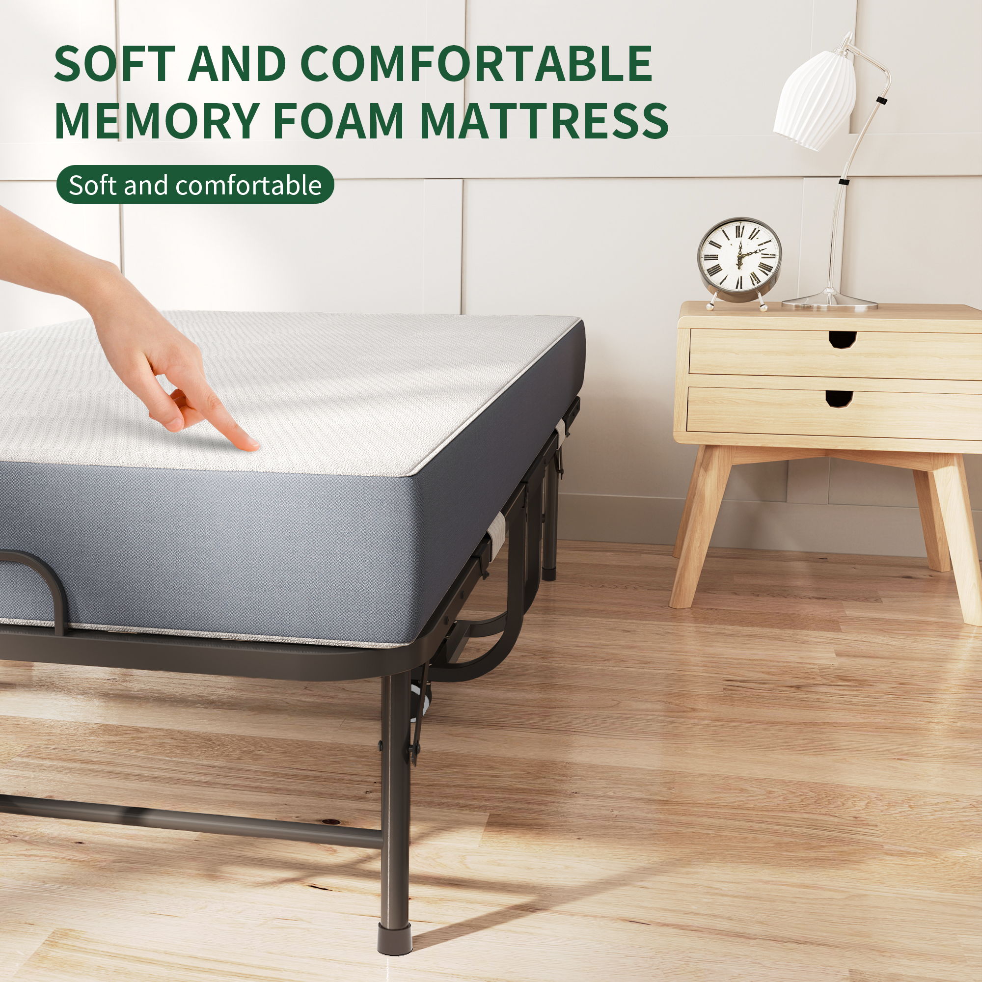 Twin Folding Bed With Memory Foam Mattress, On Wheels, Portable Bed For Adults & Guests - Black