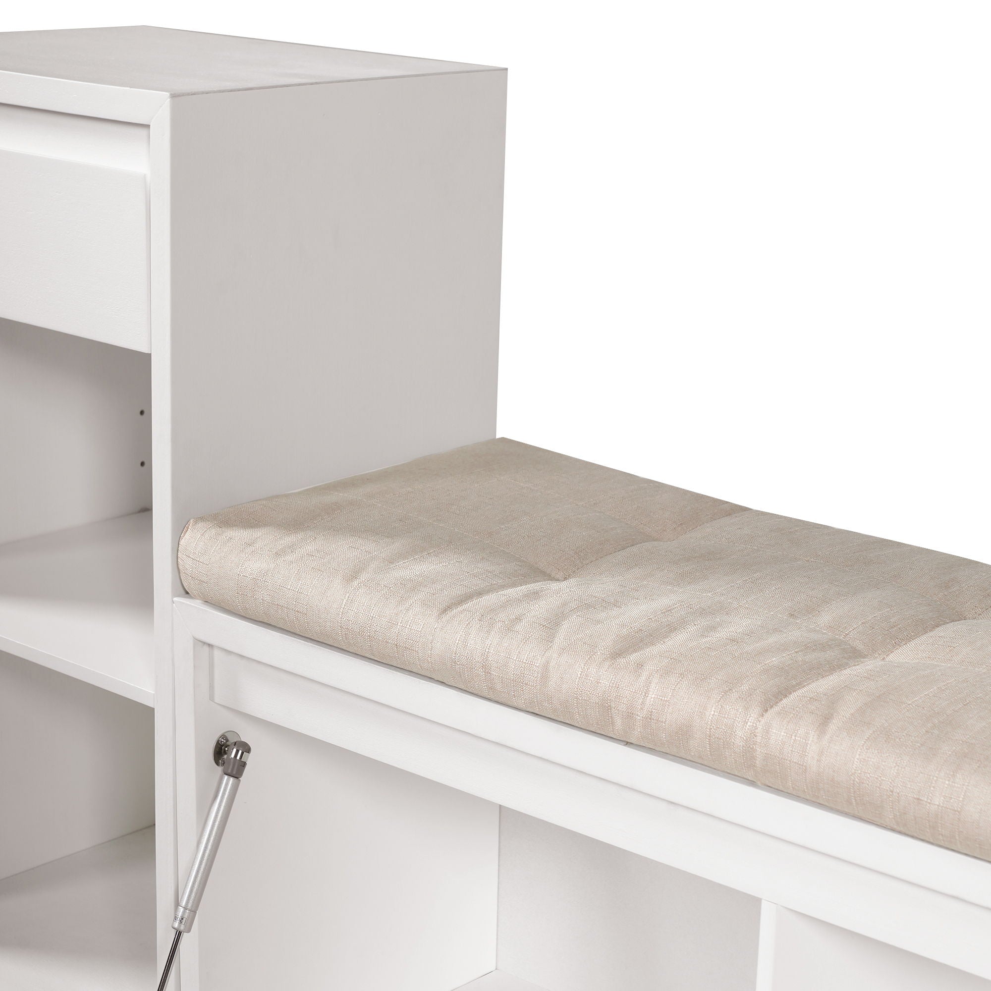 Entryway Storage Bench With Cushion, Drawers & Open Shelves