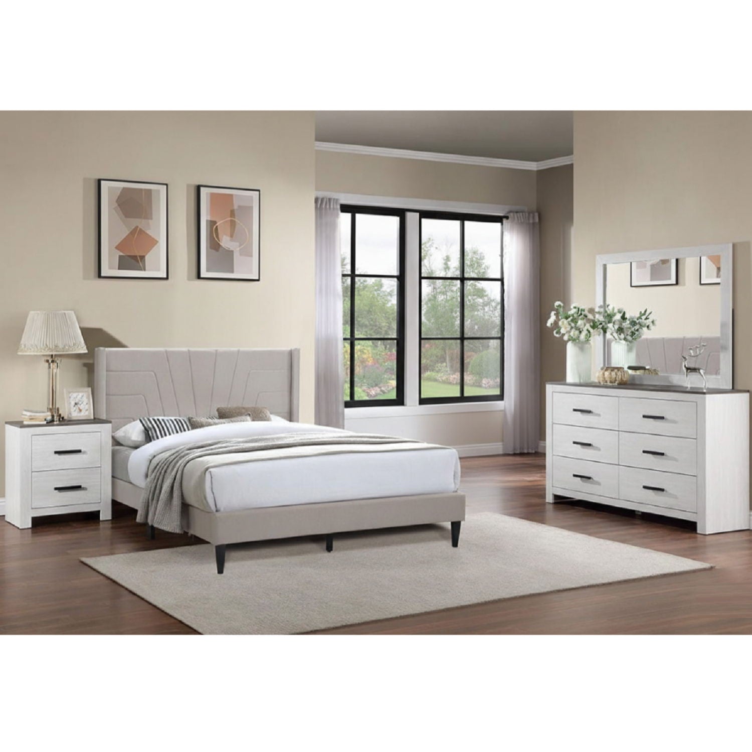 Eastern King Size Platform Bed, Upholstered Headboard - Light Brown