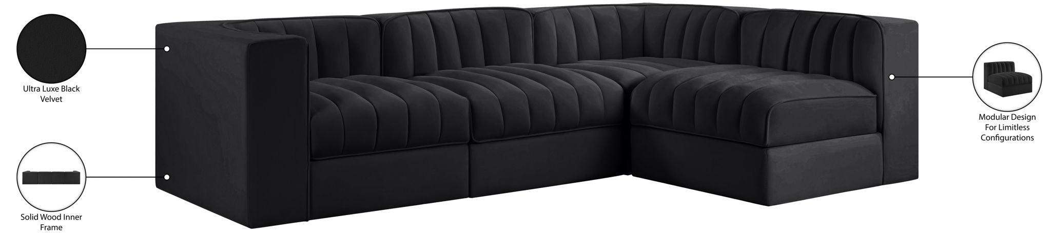 Rummi - Velvet Performance Fabric Upholstered 4 Piece Modular Sectional