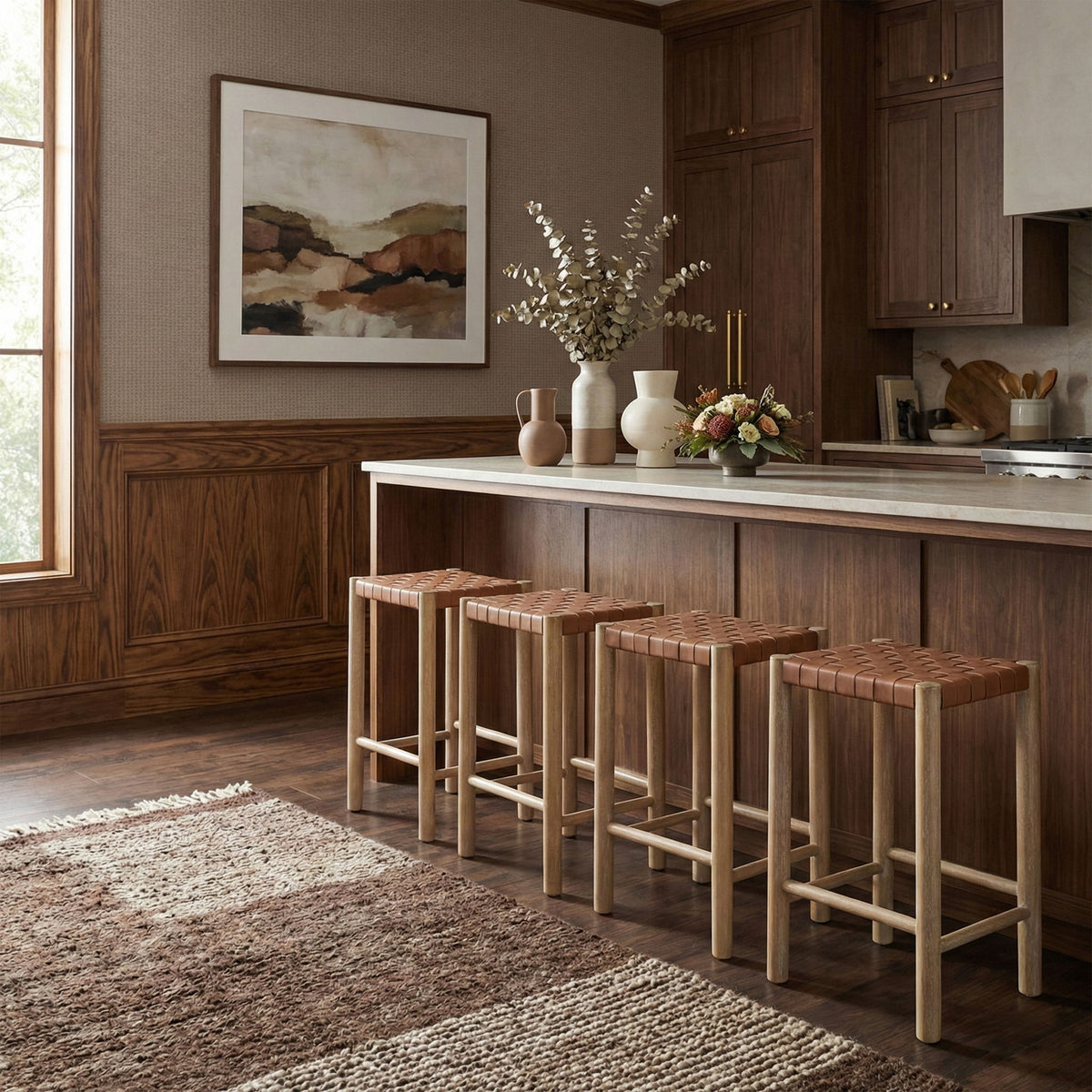 Entwine - Vegan Leather Upholstered Backless Counter Stool - Painted Natural