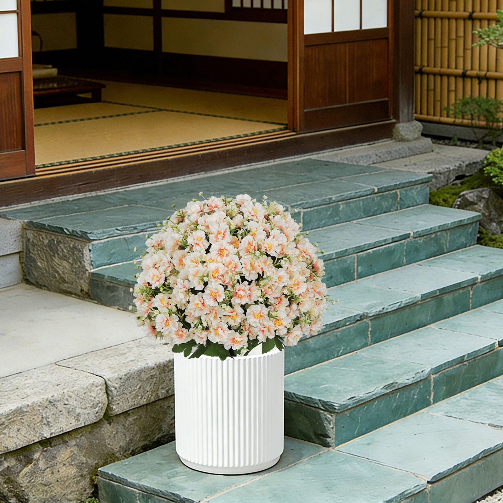 Artificial Snow Lotus Potted Plant, Artificial Floral Decor For Indoor & Outdoor Spaces - White / Pink