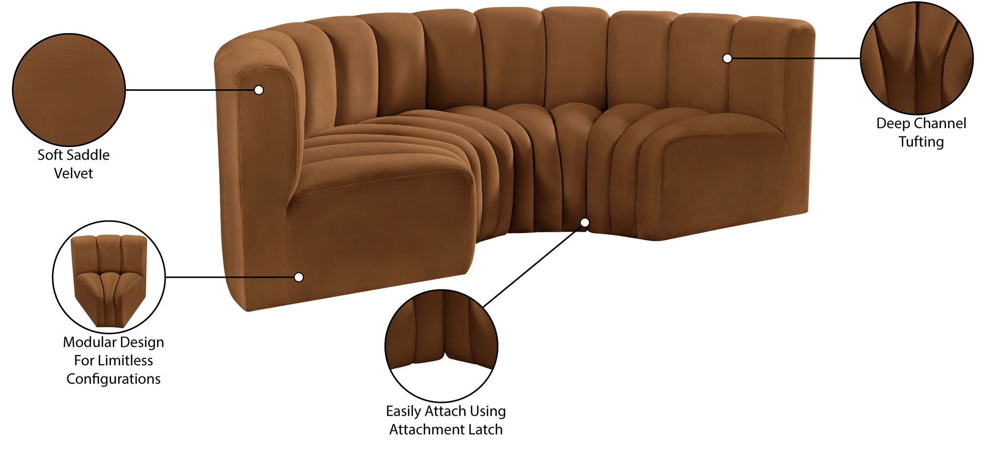 Arc - Velvet 4 Piece U-Shaped Modular Sofa - Saddle
