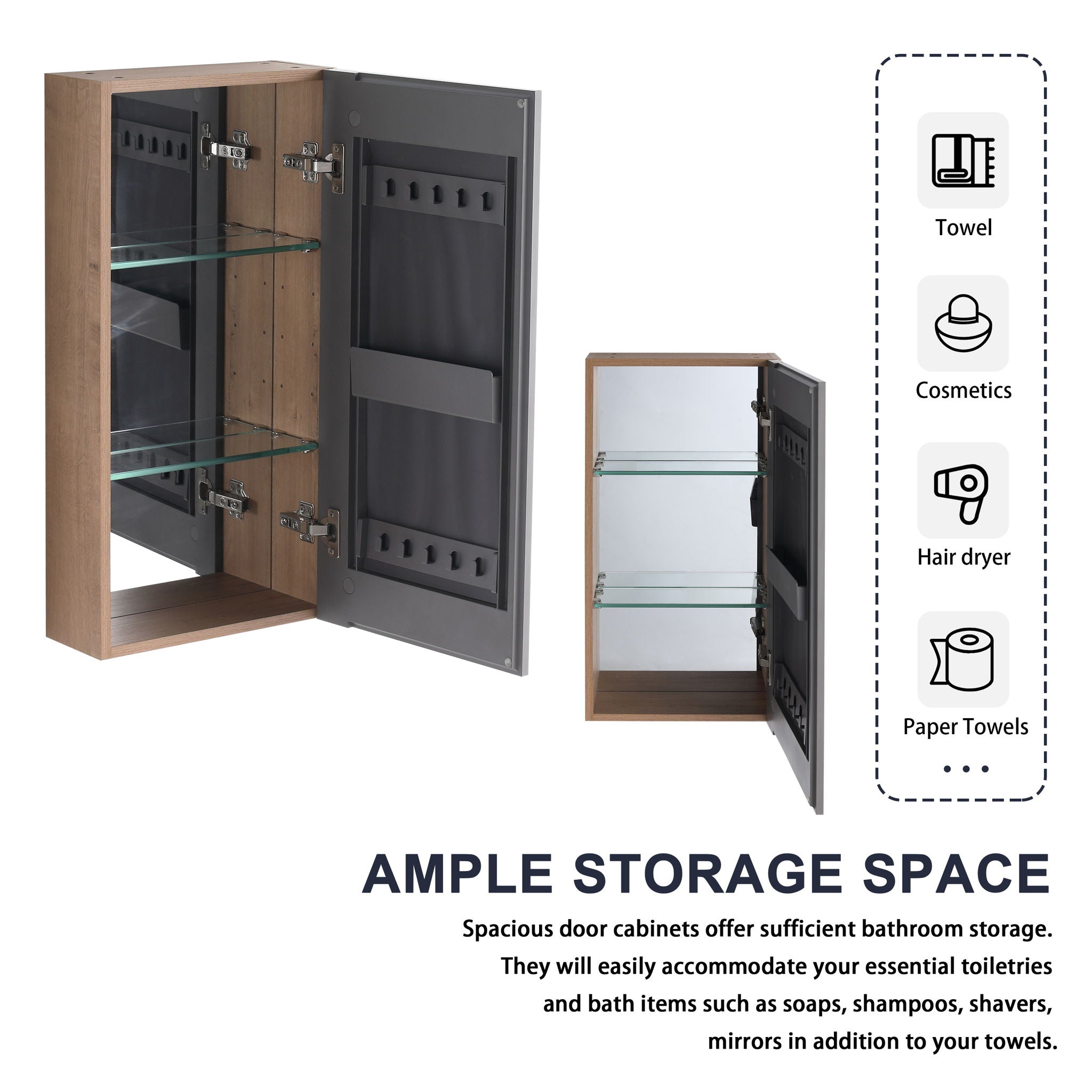 14" Bathroom Mirror Cabinet With Adjustable Shelves, Wall Mounted Medicine Storage Cabinet Frame With Soft Closing Hinges - Imitative Oak