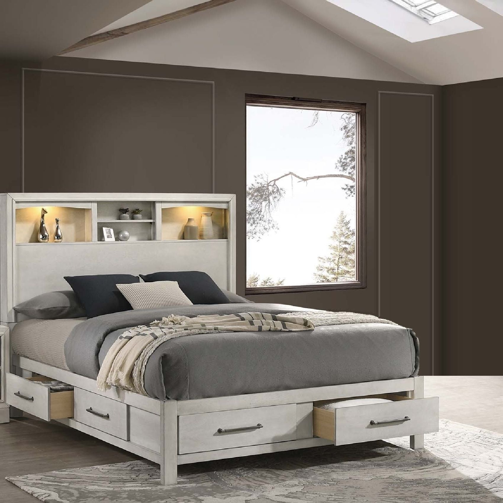 Transitional Bed With Smooth Gliding Drawers, Built In Lights, Open Headboard Shelves