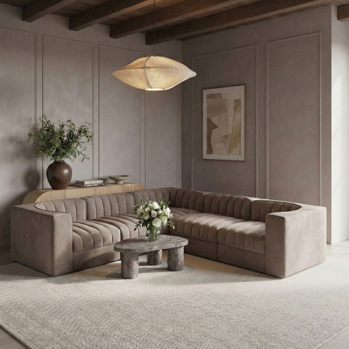 Rummi - Symmetrical Velvet Performance Fabric Upholstered 5 Piece Modular Sectional