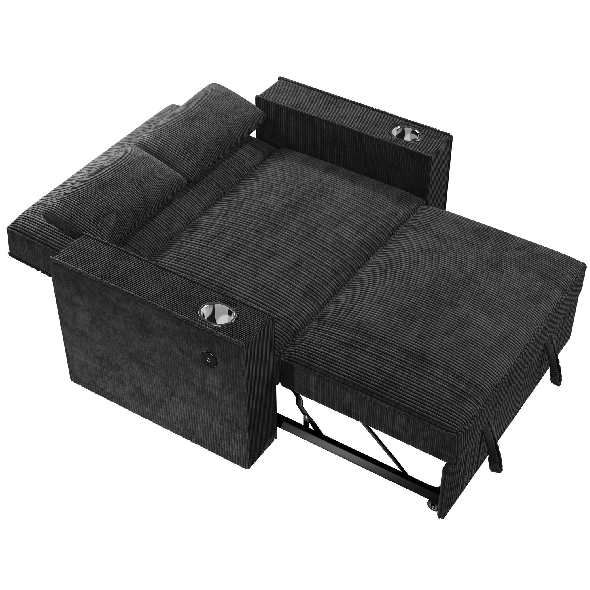 Modern Style Convertible Sofa With Pull-Out Bed, USB Ports & Cup Holders