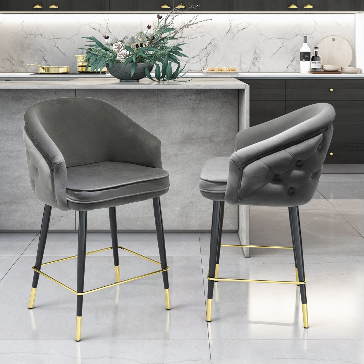 Elliot - Contemporary Grey & Black/Gold Dining Bar Stool (Set of 2)