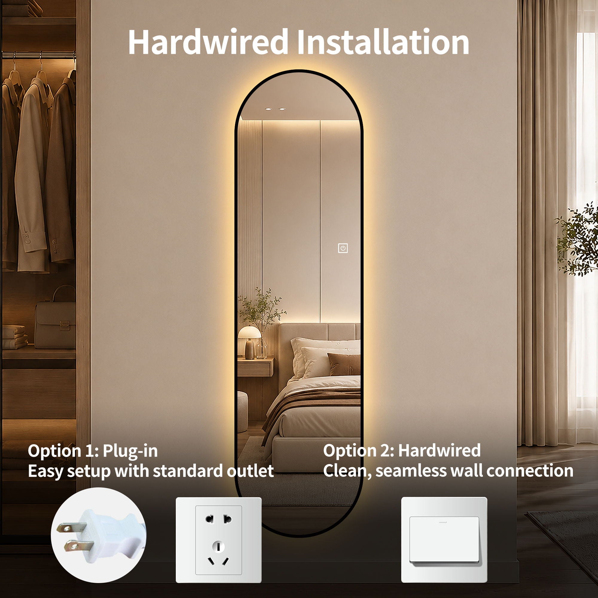 Capsule Shaped Dimmable LED Full Length Wall Mirror With Frame - Silver