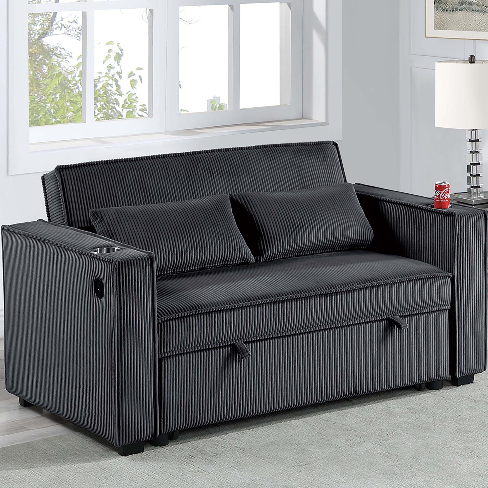 Modern Style Convertible Sofa With Pull-Out Bed, USB Ports & Cup Holders