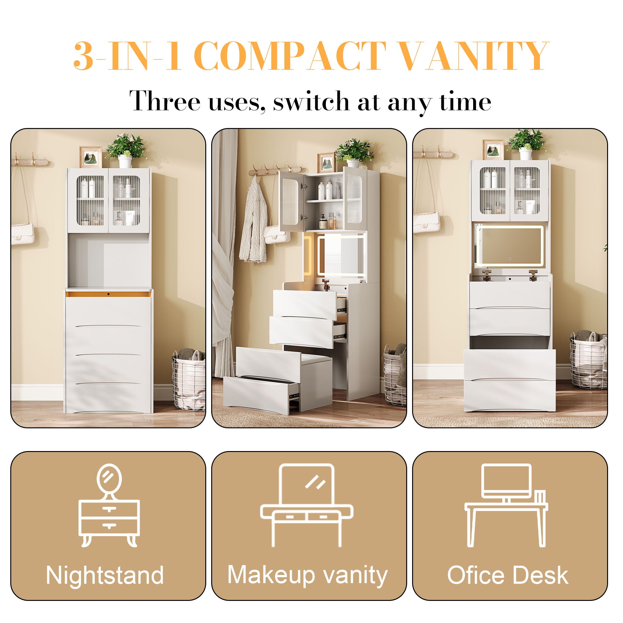 3 In 1 Vanity Table With LED Mirror & Storage Stool For Bedroom