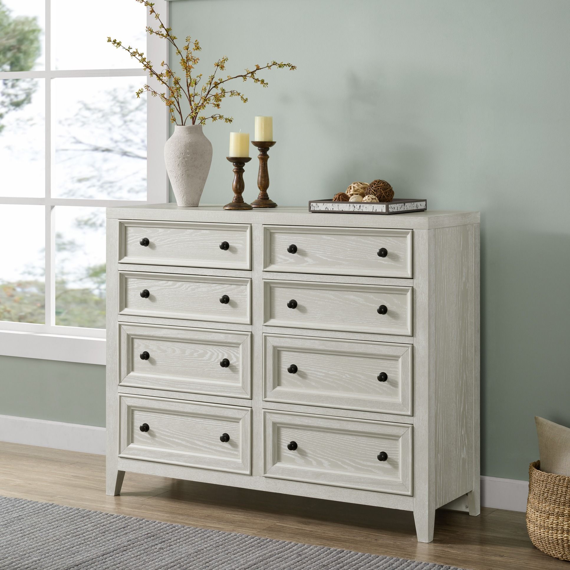 8 Drawer Dresser With Classic Framed Fronts And Smooth Glides - White