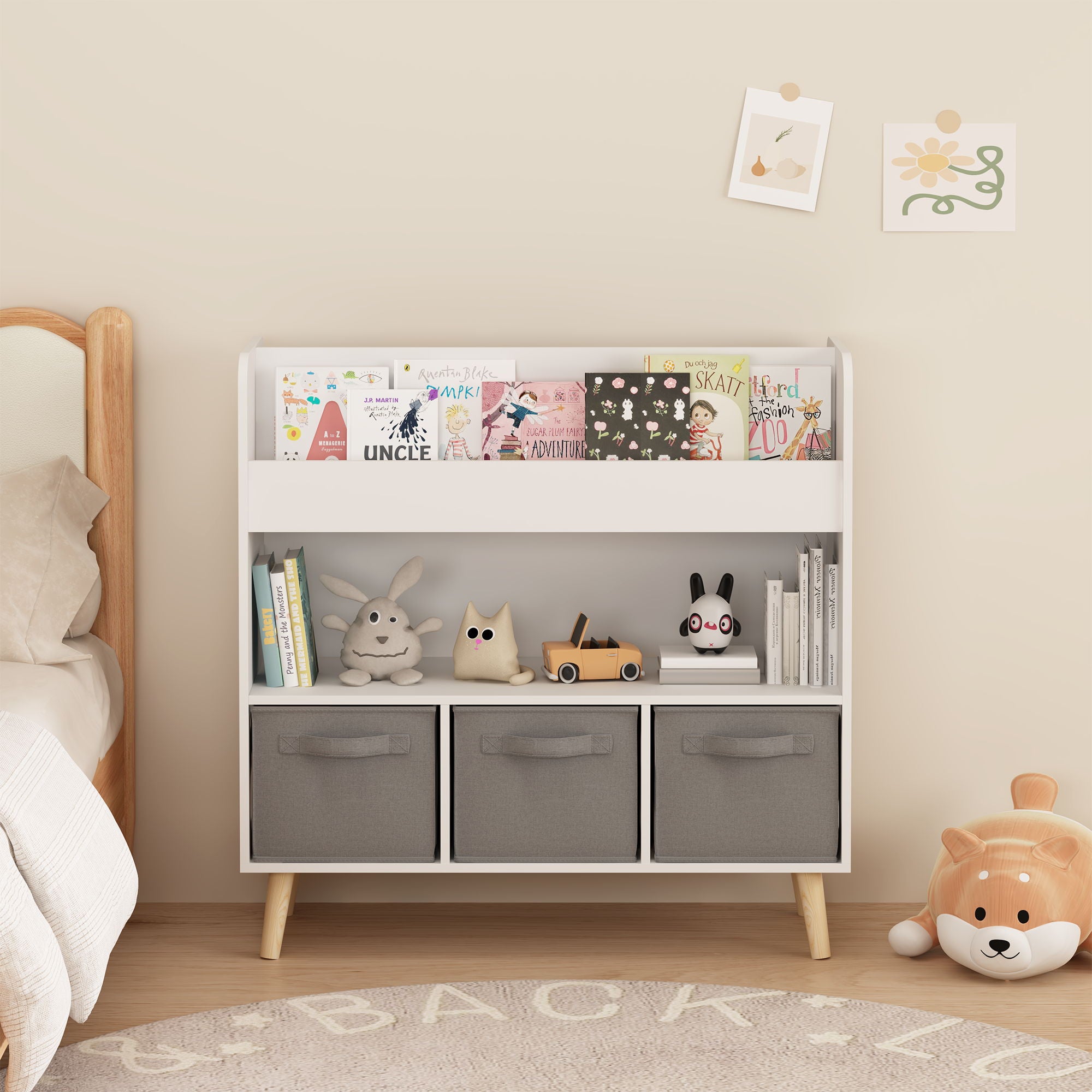Bookshelf With 3 Bins, Storage Shelf For Toys And Books