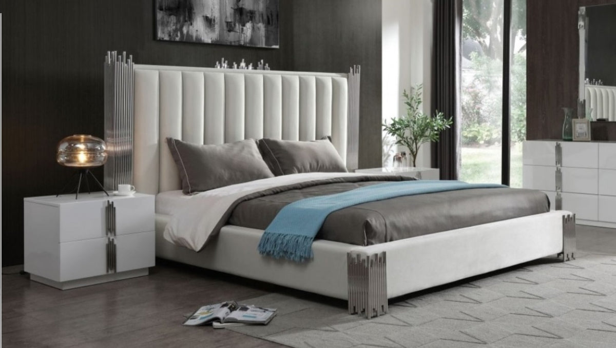 Token - Modern White + Stainless Steel Bed + Nightstands