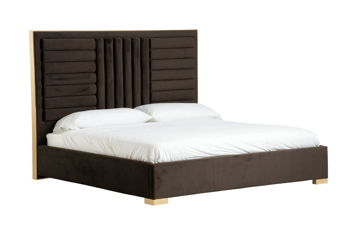 Daystar - Modern Dark Brown Velvet & Gold Bed