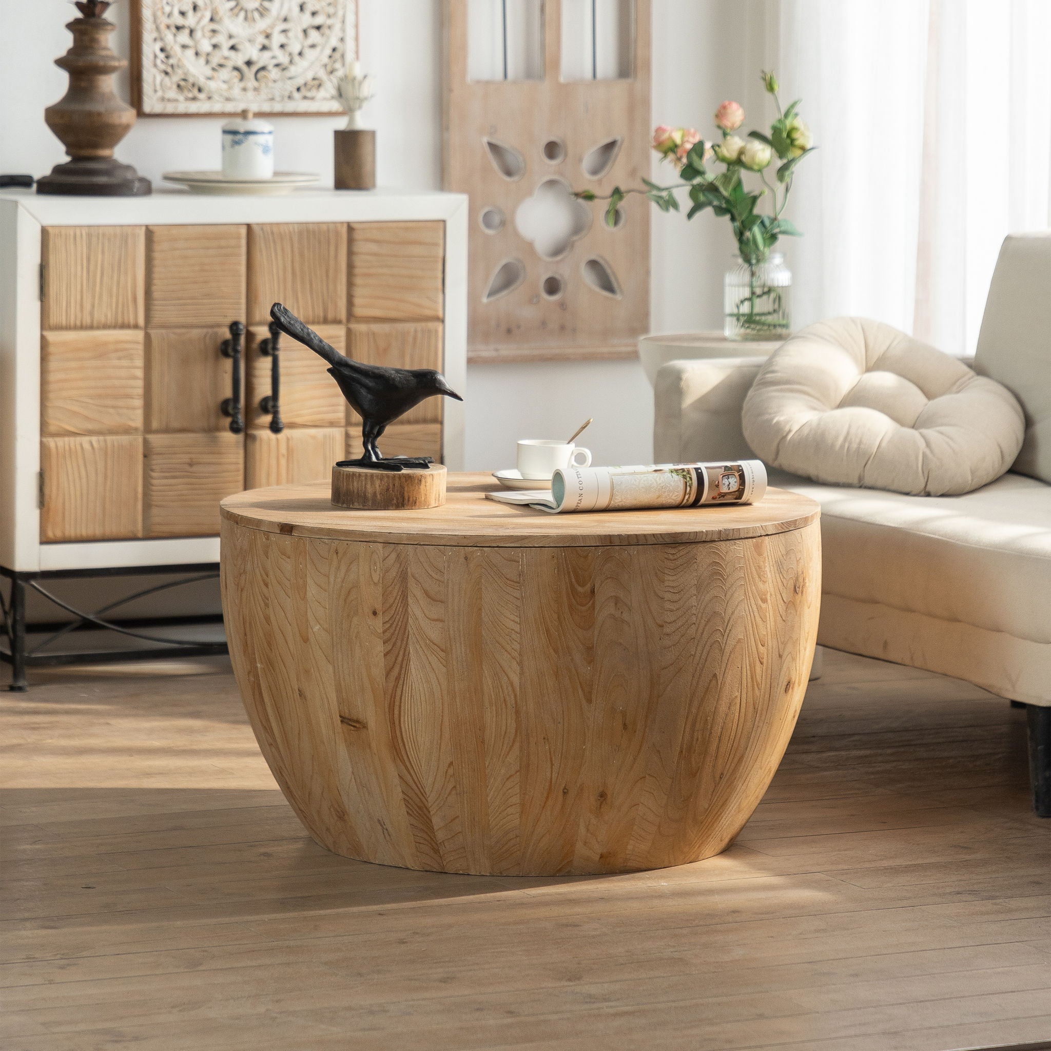 Barrel Coffee Table With Storage For Living Room - Natural
