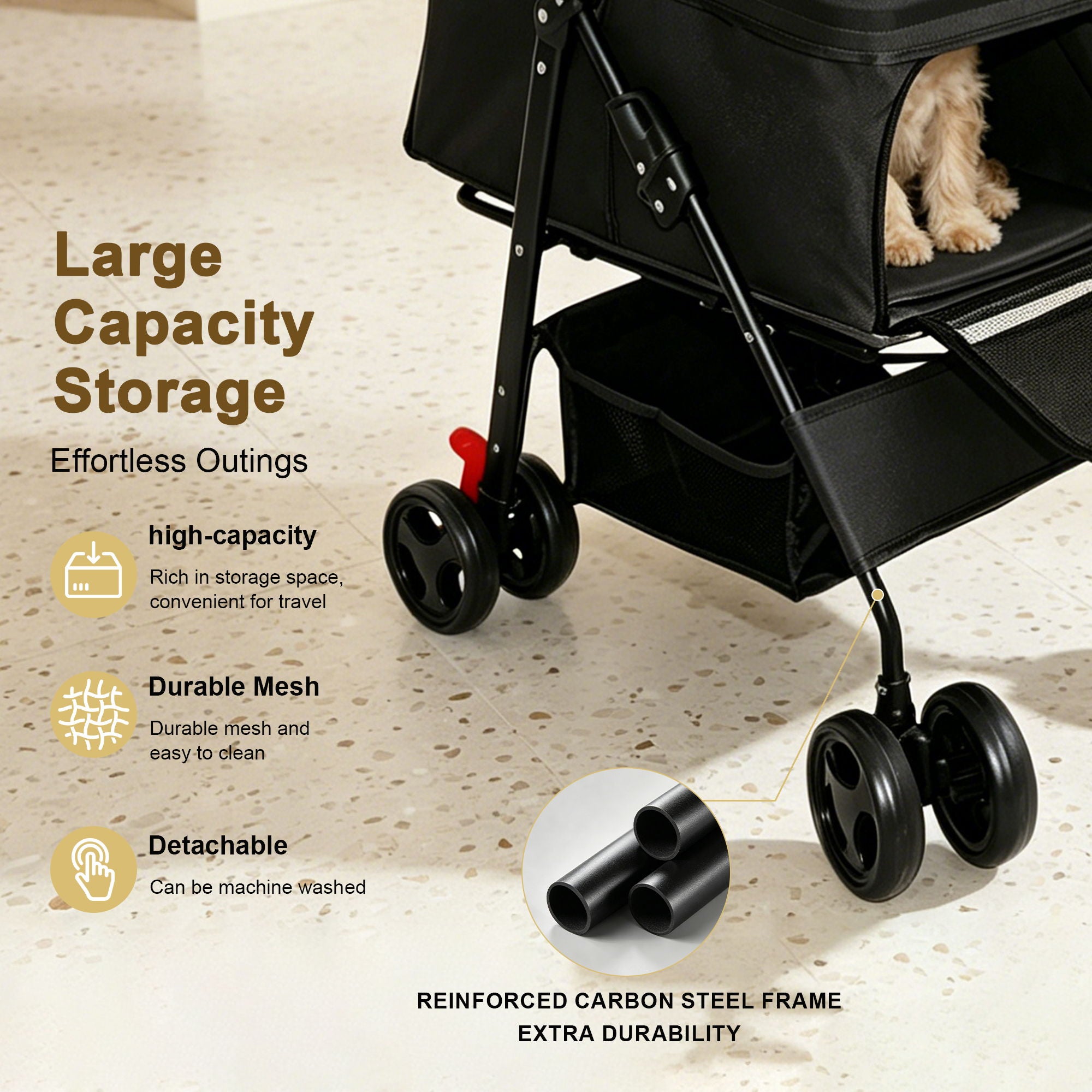 Foldable Pet Stroller For Small Dogs And Cats With Multi Functional Tray