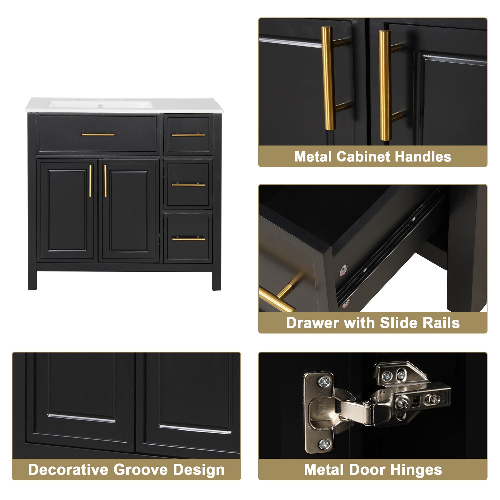 Modern Bathroom Vanity With Sink Top, 2 Doors And 3 Drawers
