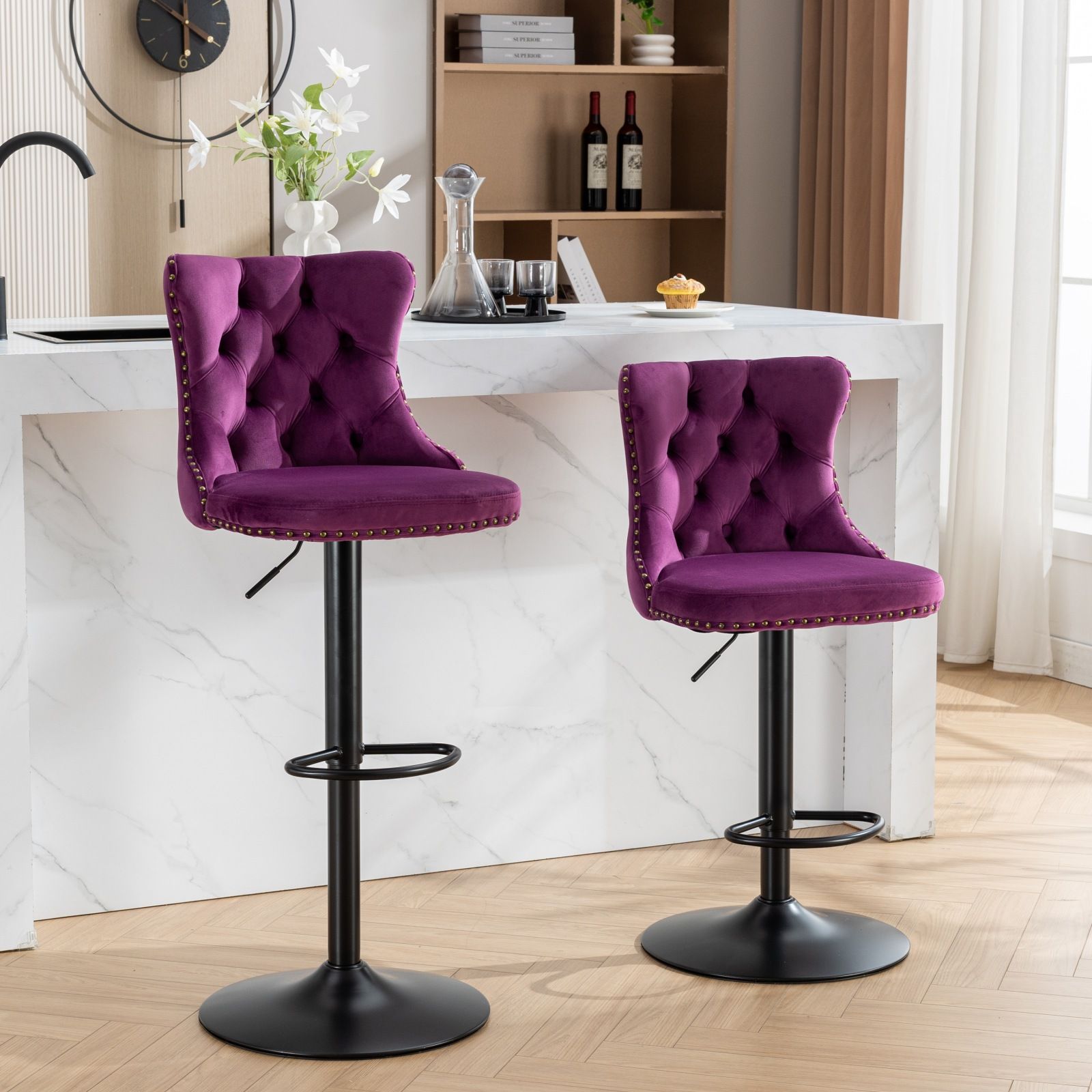 Swivel Barstools Adjusatble Seat Height, Modern Upholstered Bar Stools With Backs Comfortable Tufted For Home Pub And Kitchen Island (Set of 2)