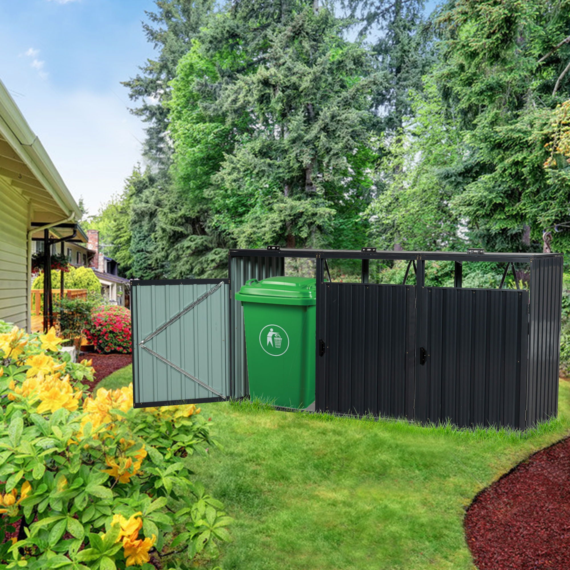 Garbage Bin Shed Stores 2 Trash Cans Metal Outdoor Bin Shed For Garbage Storage, Stainless Galvanized Steel, Bin Shed For Garden Yard Lawn