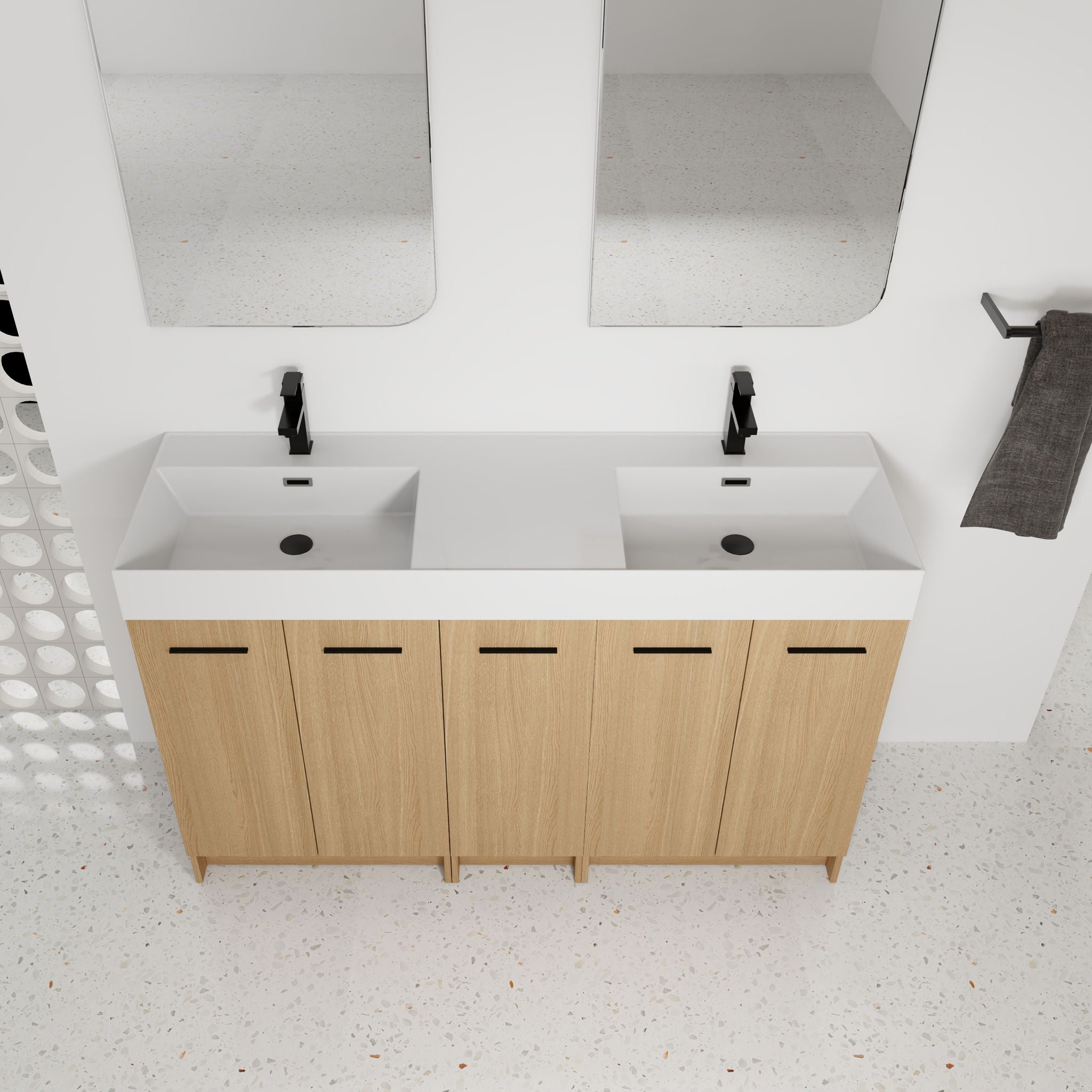 Double Sink Bathroom Vanity With Extra Large Storage, Integrated Sink, Freestanding Cabinet, Soft Close Doors - Glossy White / Light Oak