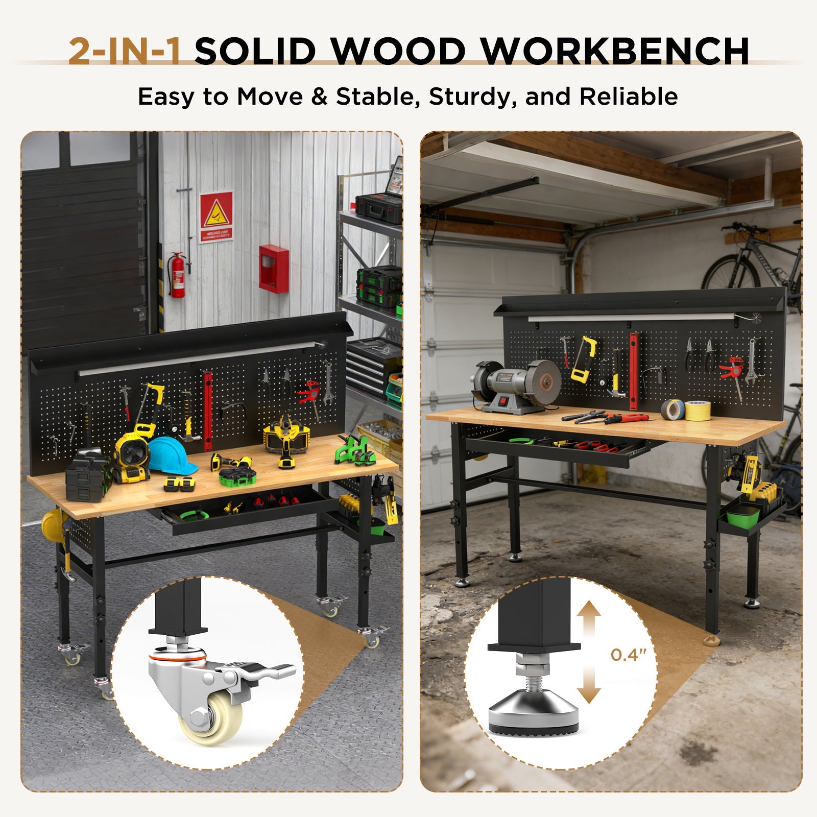 Adjustable Height Workbench, Includes Drawers, Power Outlet, LED Light, Wheels Or Leveling Feet - Black