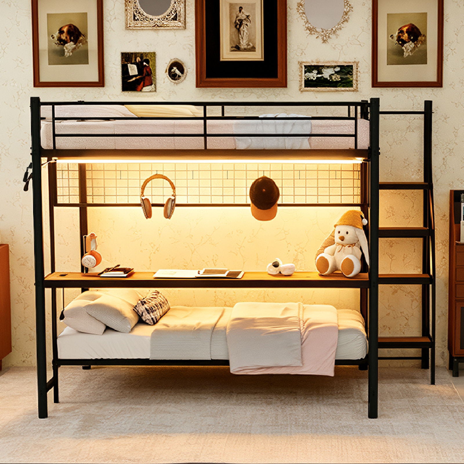 Bunk Bed With Built In Desk And LED Lighting