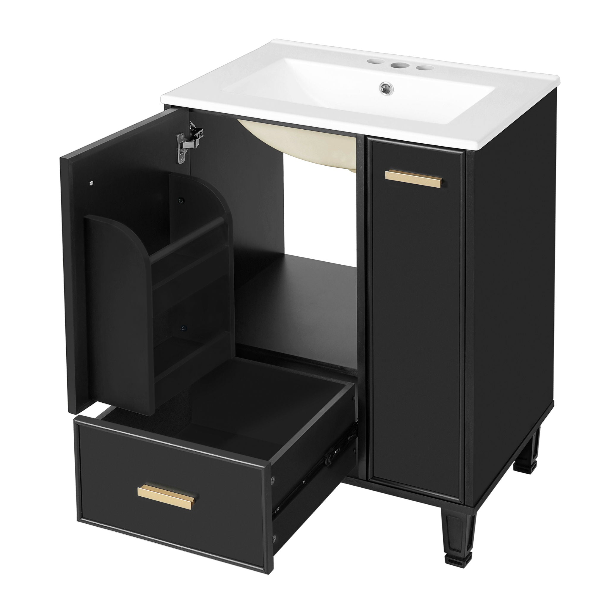 Bathroom Vanity With Sink, Deep Drawer And Pull Out Basket, Rectangular Design - Black