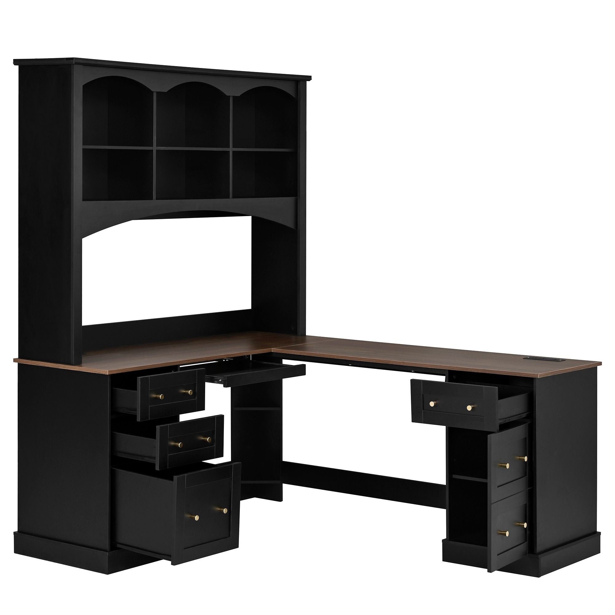 Space Saving L-Shaped Computer Desk With Keyboard Tray & Charging Stations