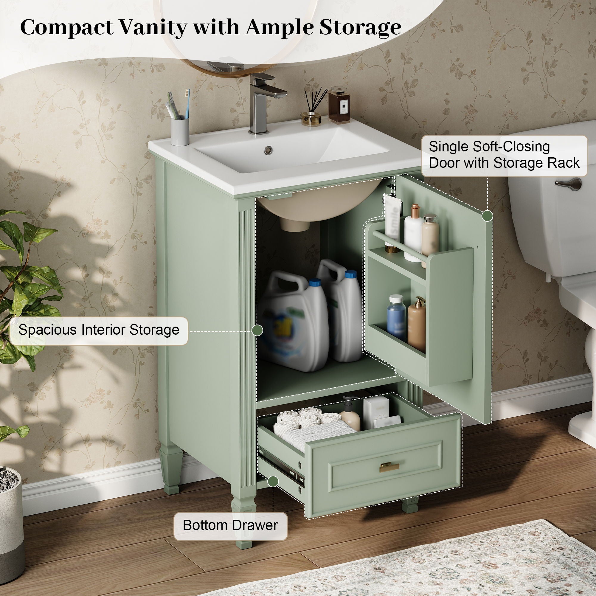 Bathroom Vanity & Sink, Freestanding Storage Cabinet, Soft Close Drawers & Doors - Green