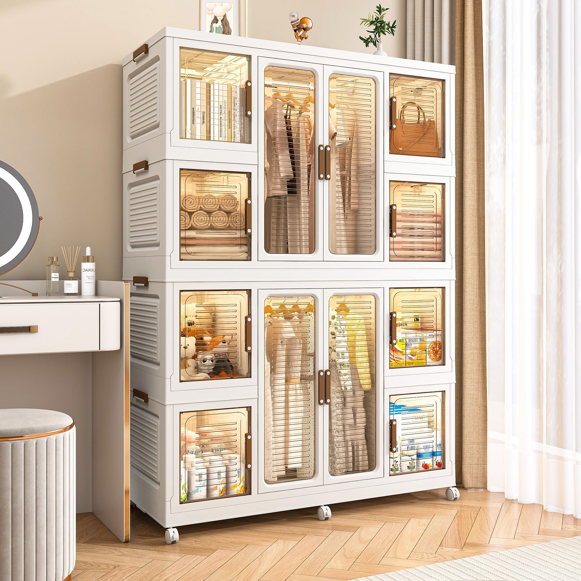 Portable Wardrobe Closet Storage Organizer For Clothes With Magnetic Doors, 12 Cubes & 2 Hanging Rods - White