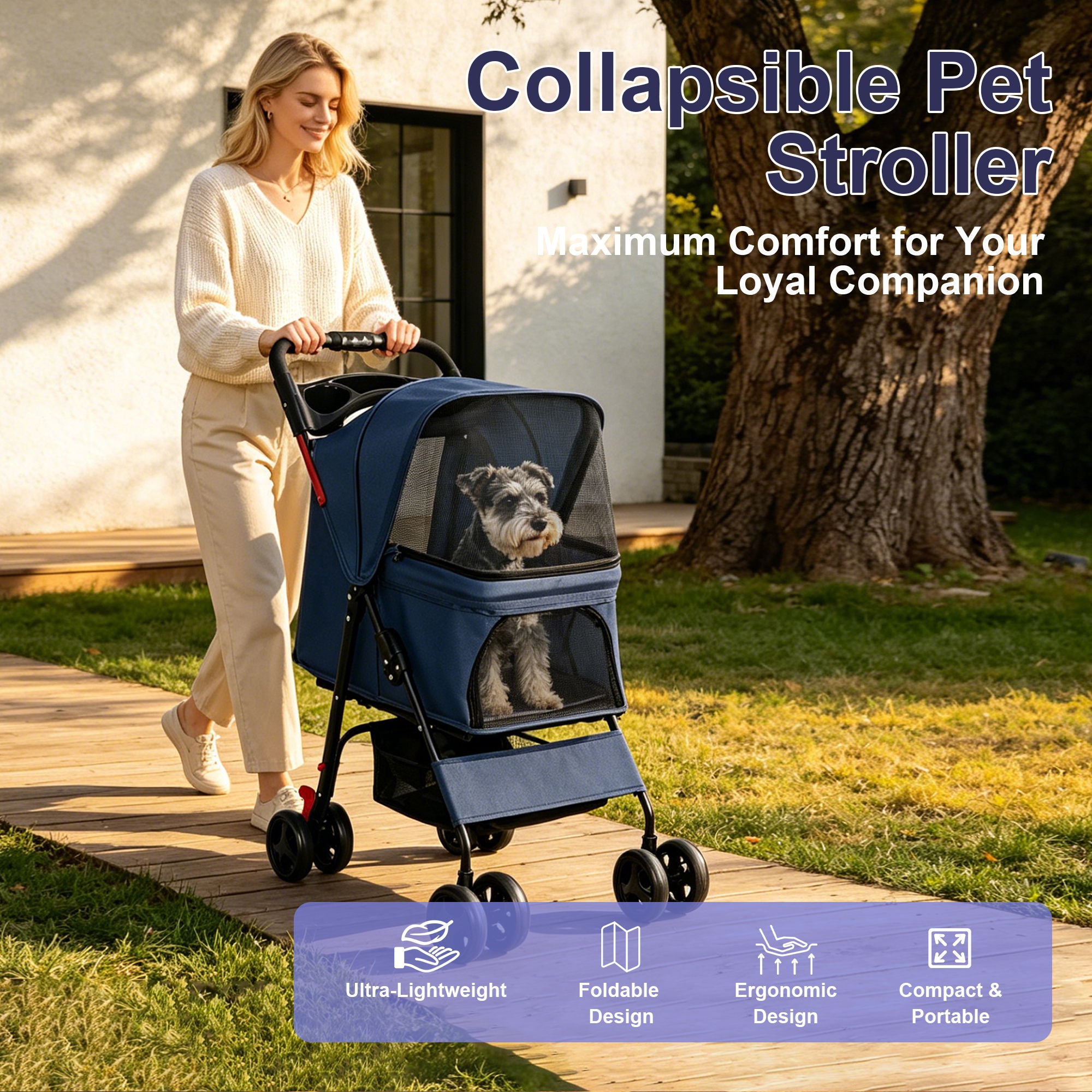 Foldable Pet Stroller For Small Dogs And Cats With Multi Functional Tray