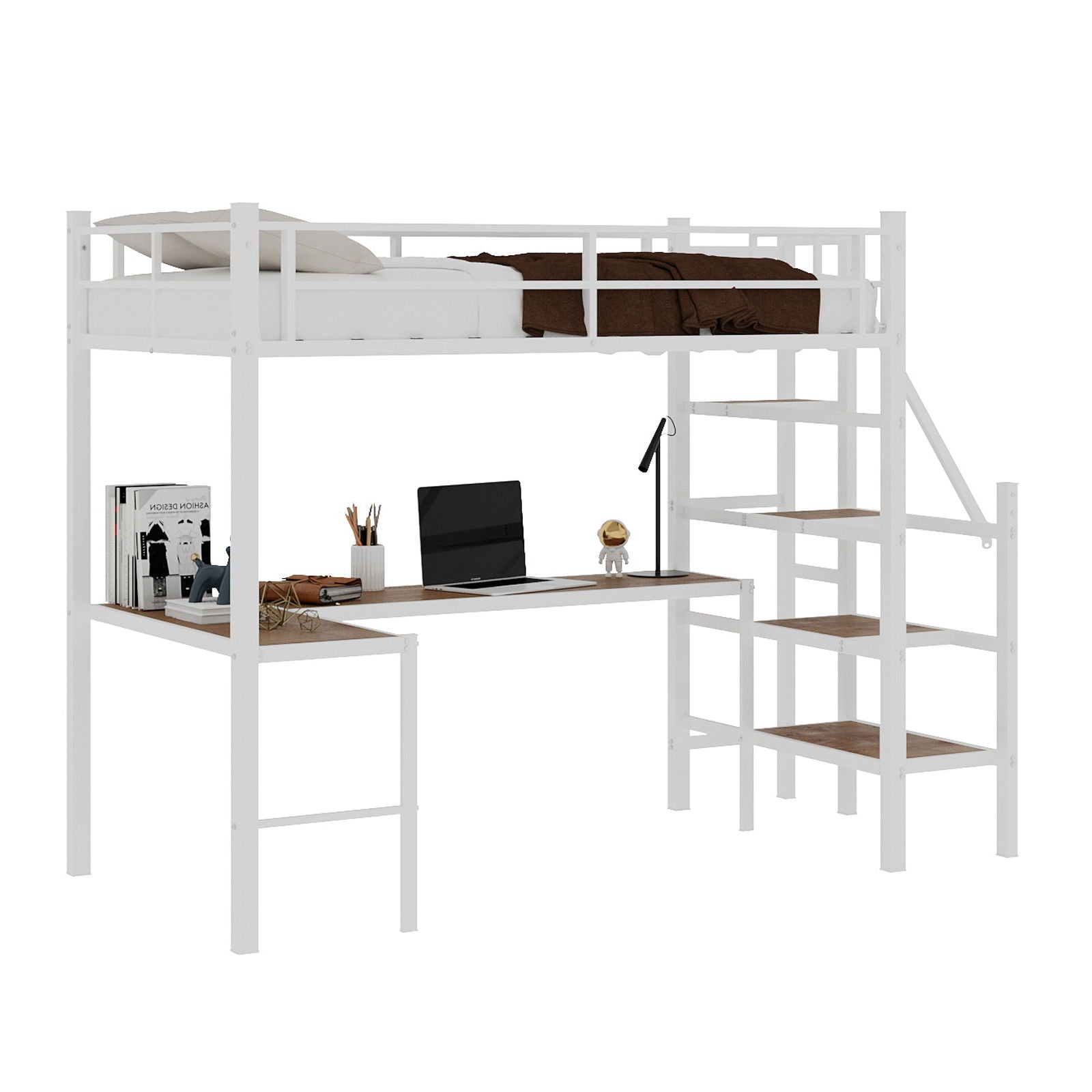 Loft Bed & L-Shaped Desk, Large Storage Space